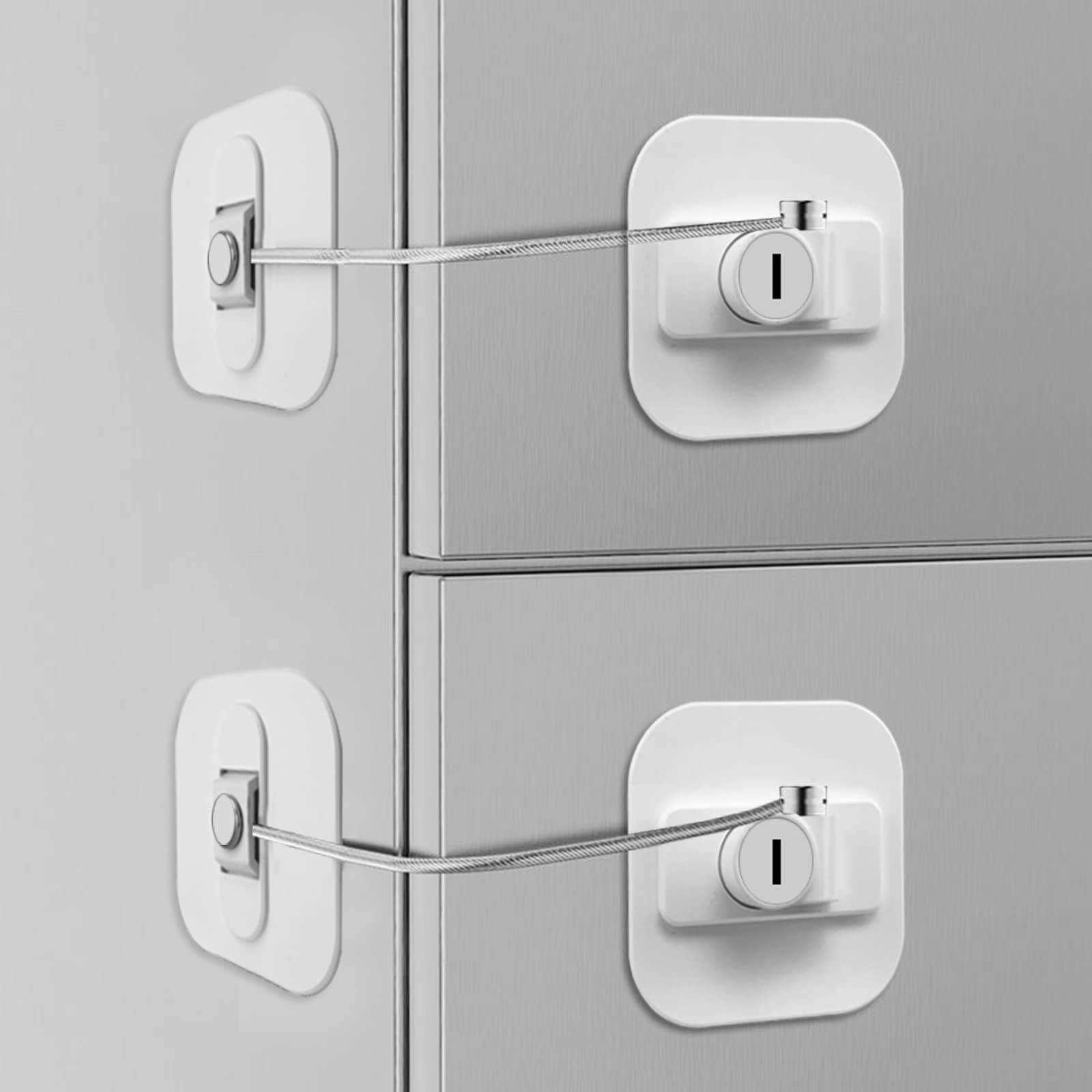 Refrigerator Lock with Key - 2 Pack Fridge Freezer Lock for Cabinets, Drawers, Air Fryer, Oven, Closet & Windows - Child Safety Locks with 4 Keys (White) - Perfect for Baby Proofing & Home Security