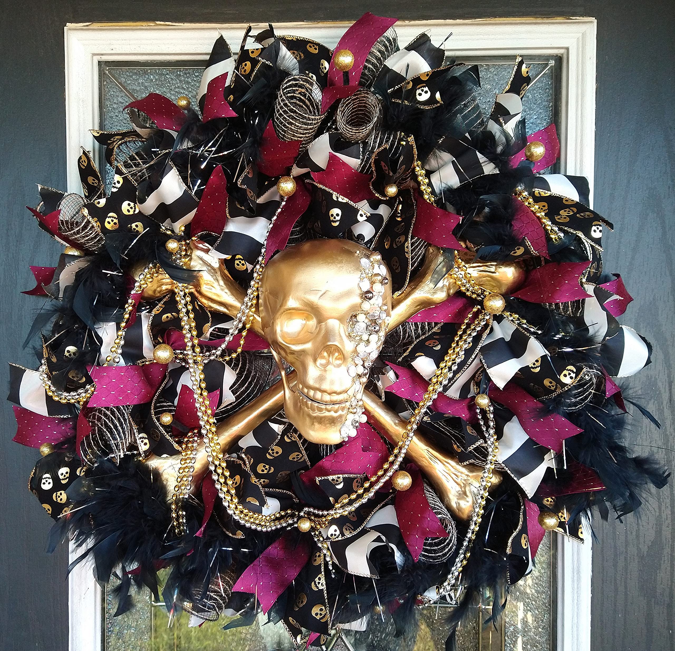 LAST ONE XL Deluxe Bling Pirate Skull & Crossbones Halloween Wreath - Luxury Jeweled Beaded Feather Decor for Front Door, GASPARILLA Party & Pirate Themed Events - Perfect for Halloween Decorations, Pirate Parties & Mardi Gras Celebrations