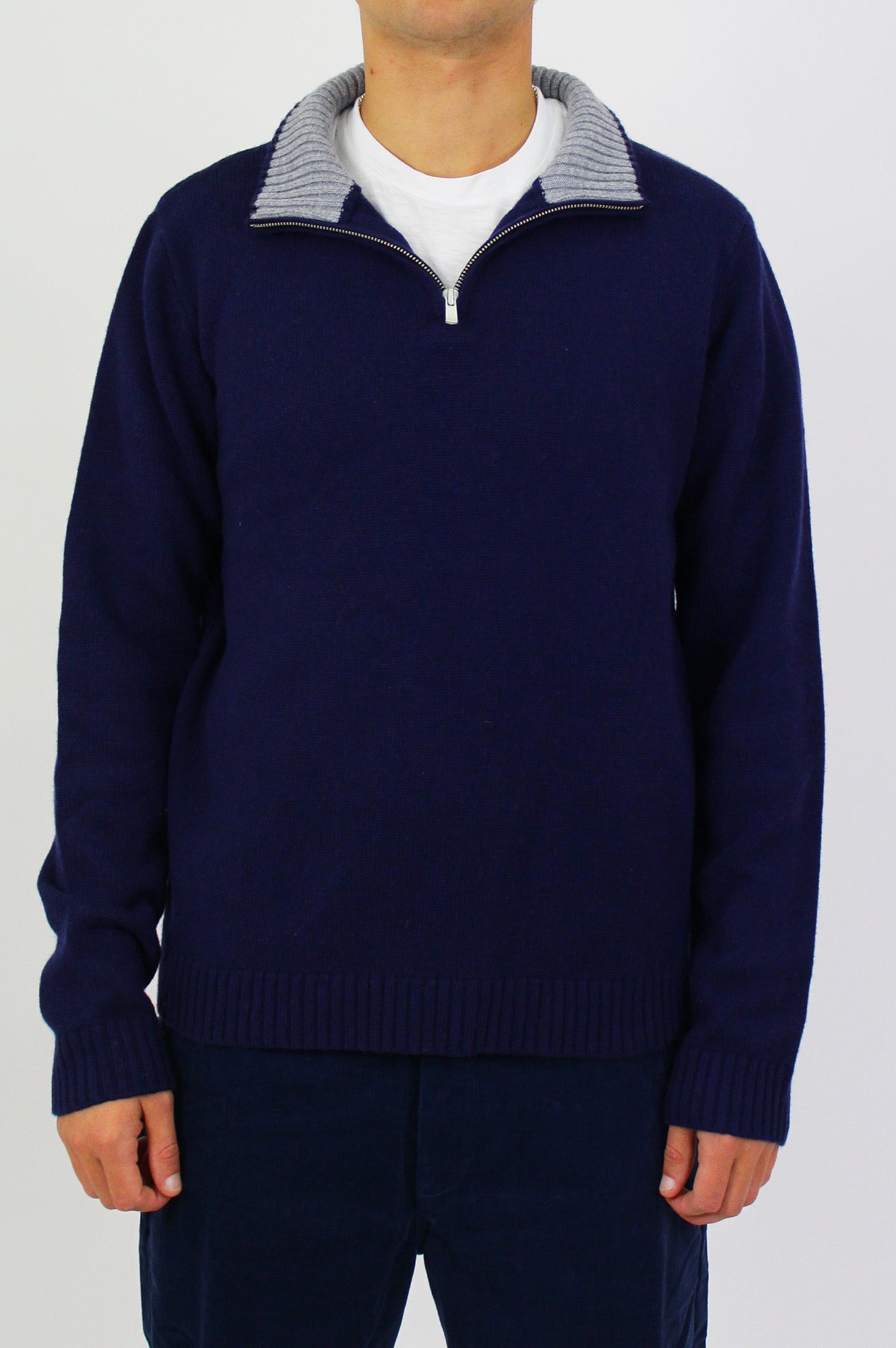 Premium Merino Wool Men's Quarter Zip Sweater - Soft & Breathable Navy/Grey Pullover for Outdoor Hiking & Casual Winter Wear