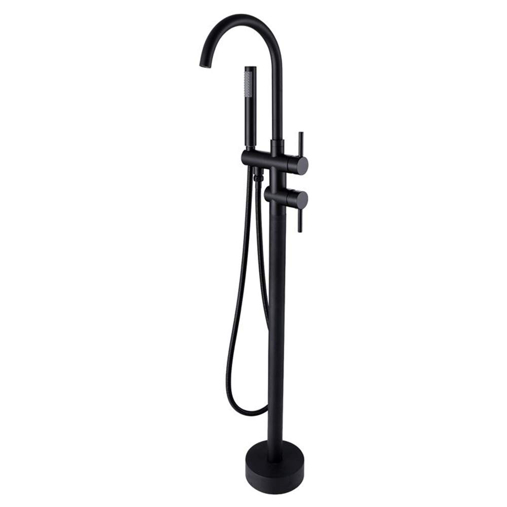 Freestanding Bathtub Faucet with Hot & Cold Water - Smooth Double Handle Brass Floor Mounted Shower Mixer Tap with Handheld Showerhead in Matte Black - Perfect for Modern Bathroom & Spa Relaxation