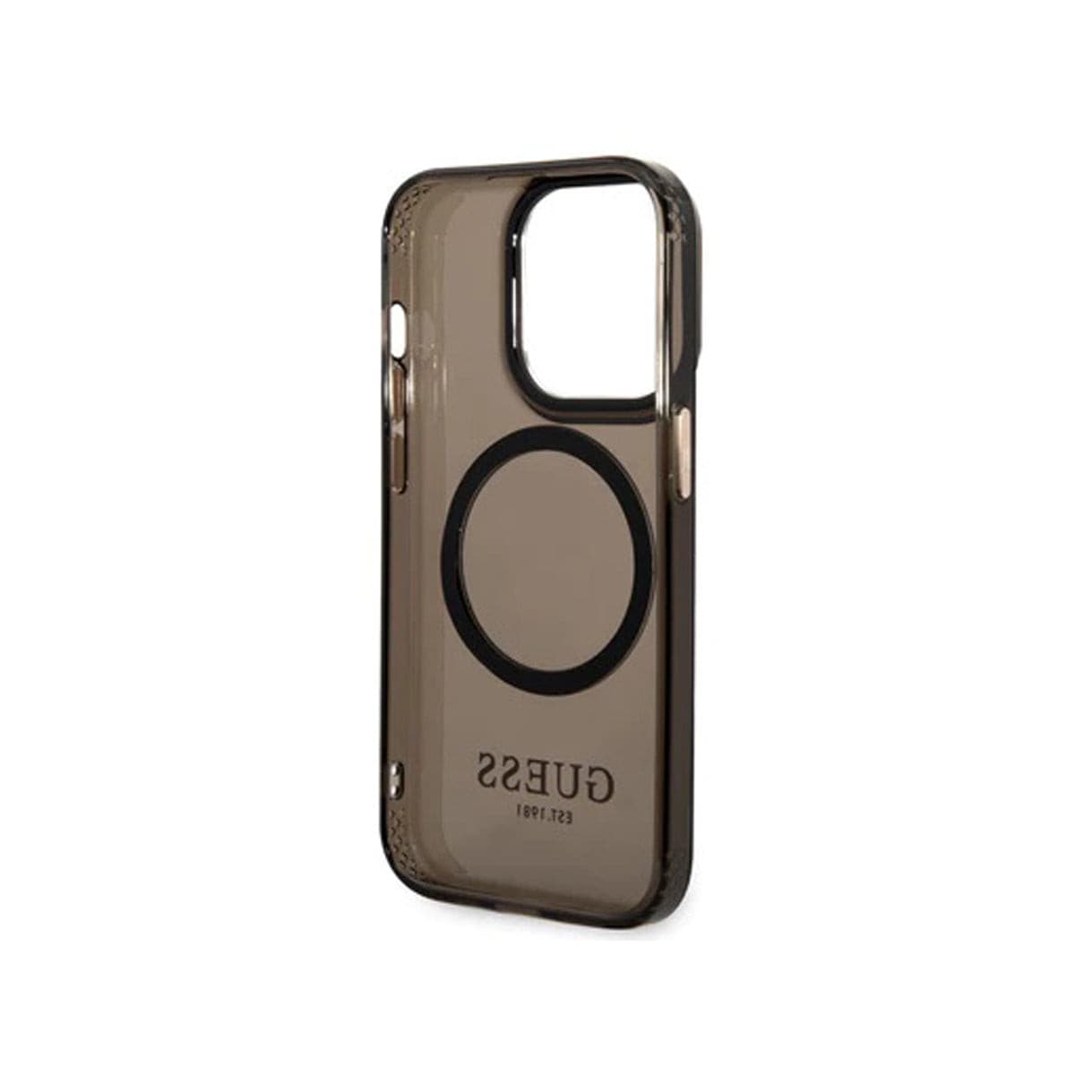GUESS Ring Edition Translucent Black Case for iPhone 14 Pro Max - Slim Protective Phone Cover with Grip Ring Stand for Hands-Free Viewing & Selfies