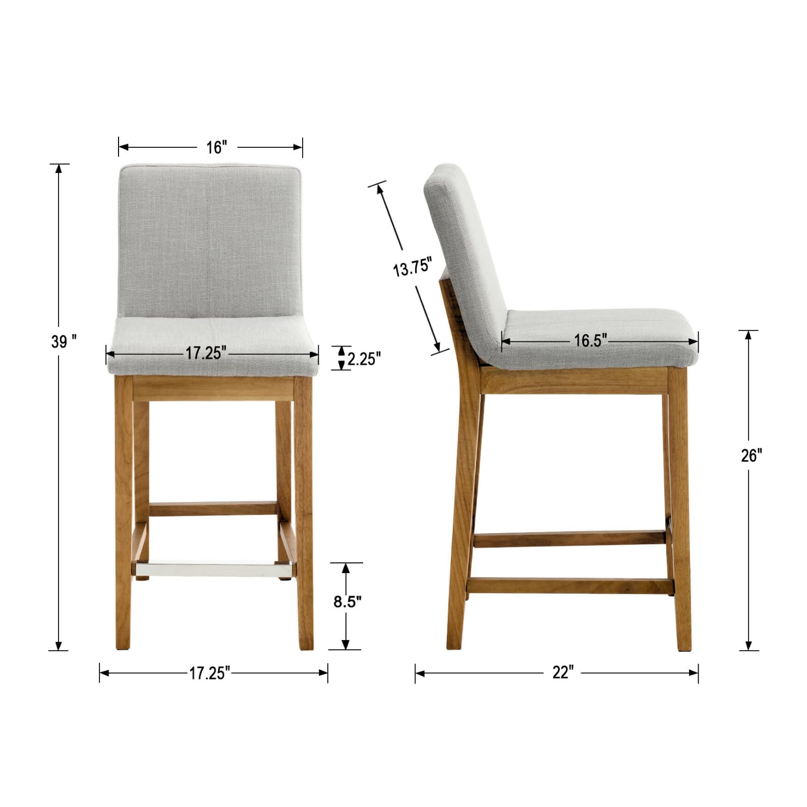 Set of 4 Mid-Century Modern Counter Stools - 26 Inch Height with Linen Upholstery & Wood Frame - Perfect for Kitchen Islands, Home Bars, and Patio Dining - Light Grey Fabric Seating