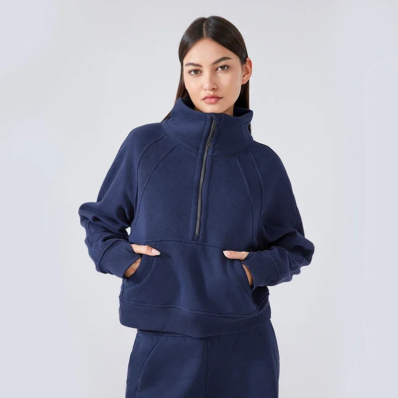 Women's Autumn Half-Zip Fleece Hoodie - Warm Stand Collar Pullover for Outdoor Sports & Casual Wear | Cozy Fall Layering Essential for Hiking, Running & Everyday Comfort