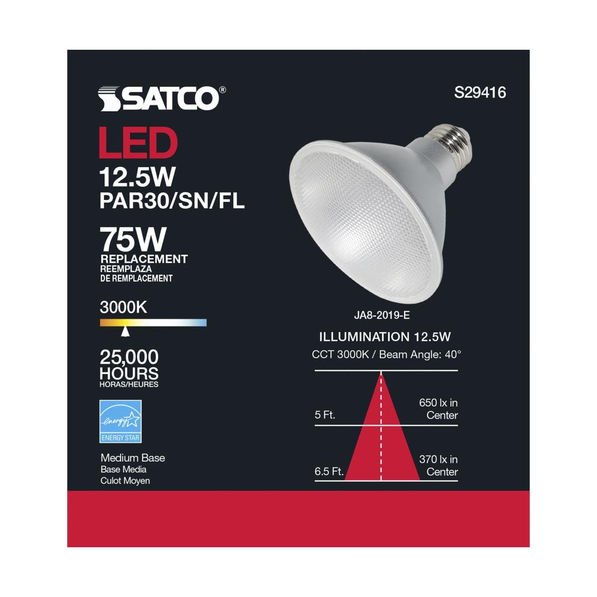 Satco S29416 12.5W PAR30SN LED Light Bulb - 3000K Warm White, 40° Beam Angle, E26 Medium Base (12-Pack) - Perfect for Recessed Lighting, Track Lighting, and Accent Lighting in Homes & Retail Spaces