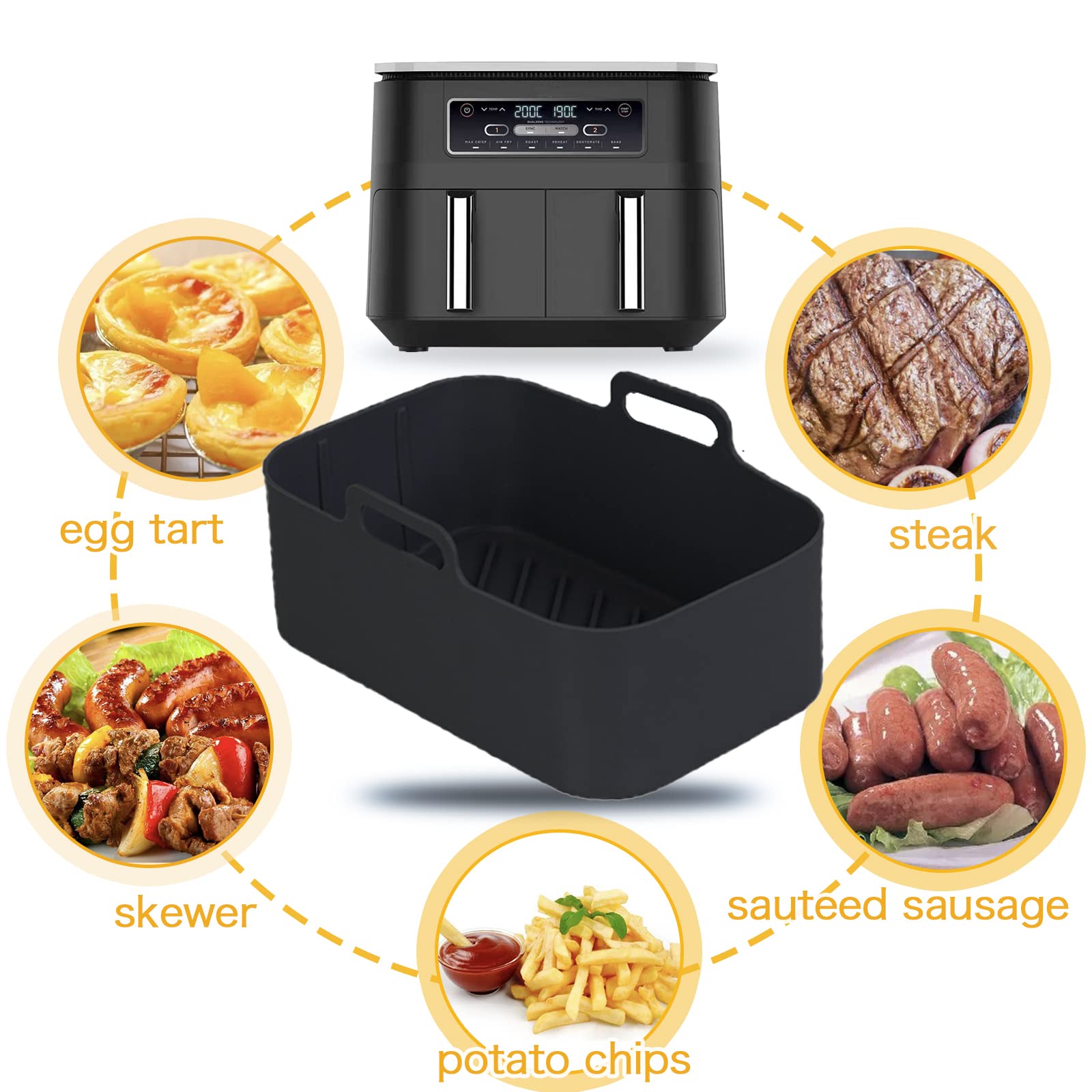 2PCS Air Fryer Silicone Pot Liners for Ninja Foodi Dual DZ201 - Reusable Non-Stick Rectangle Basket (8QT) - Black Air Fryer Accessories for Healthy Cooking & Easy Cleanup - Perfect for Roasting, Baking & Frying Vegetables, Chicken Wings & Snacks