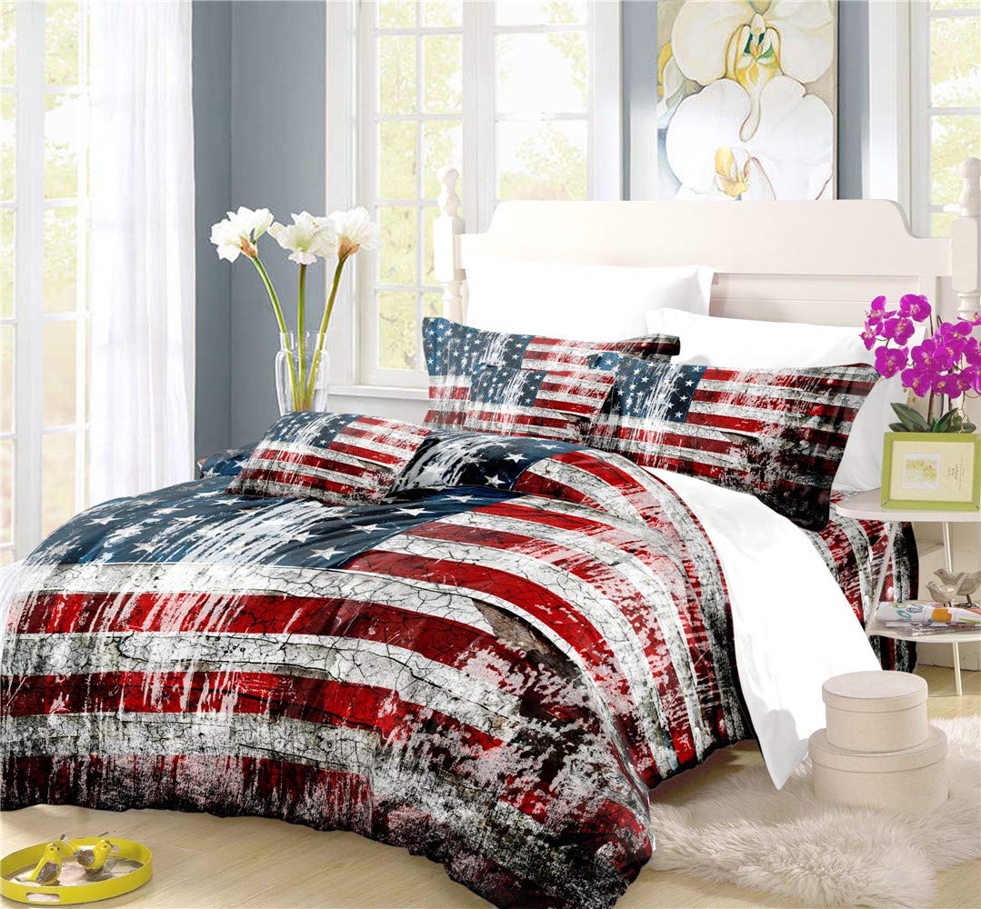 REALIN Stars and Stripes Duvet Cover Set - Vintage American Flag Bedding in Red, White & Blue - 2/3/4PCS Quilt Cover with Sheets & Pillow Shams - Twin/Full/Queen/King Size (Queen-228x228cm-4PCS) - Perfect for Patriotic Home Decor, Bedroom Makeover & Independence Day Celebrations