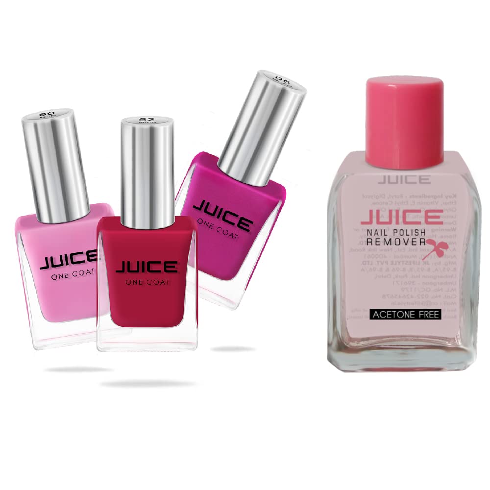 Juice 3-in-1 Nail Polish Combo Set (Baby Pink, Apple Red, Rose Bonbon) + Nail Polish Remover | Waterproof & Long Lasting Nail Enamel | Perfect for Manicures, Pedicures, Parties & Gifts | Pack of 4