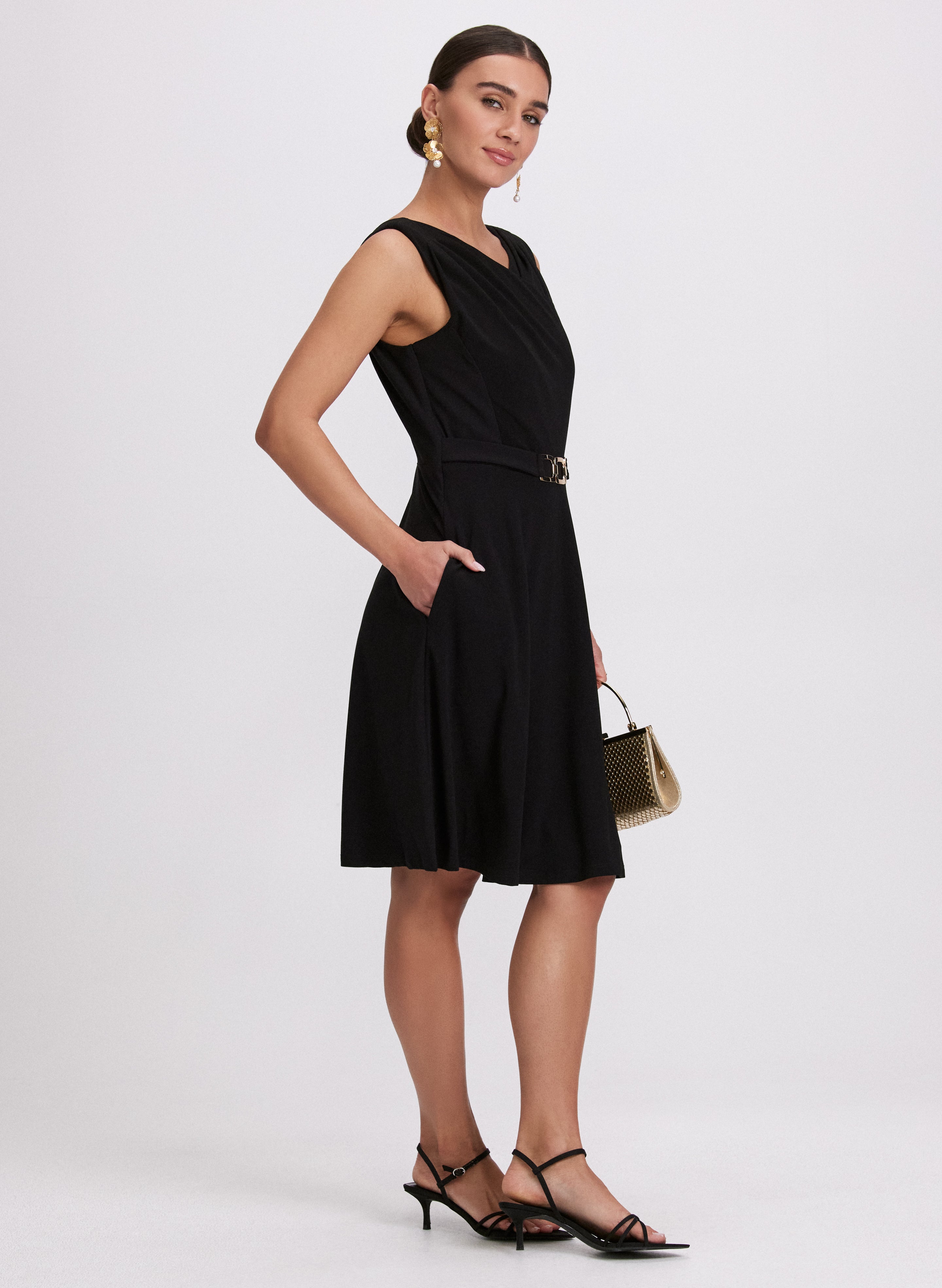 Elegant Belted Pleat Detail Dress for Women - Stylish Flowy Midi Dress with Waist Tie - Perfect for Office, Party & Special Occasions