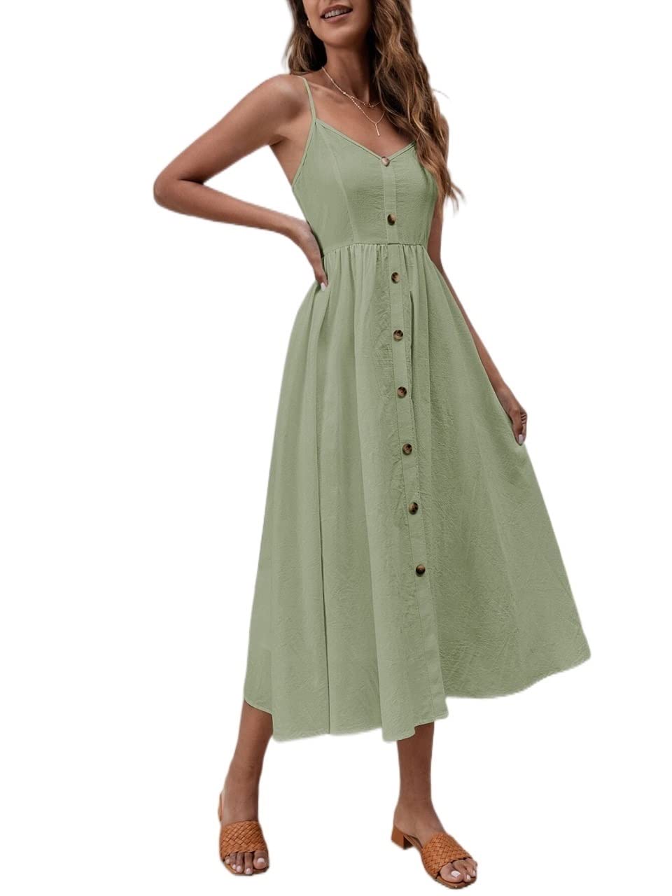 Women's Summer Sleeveless Zip Back Fake Button Cami Dress - Casual Chic Outfit for Beach, Vacation & Date Night