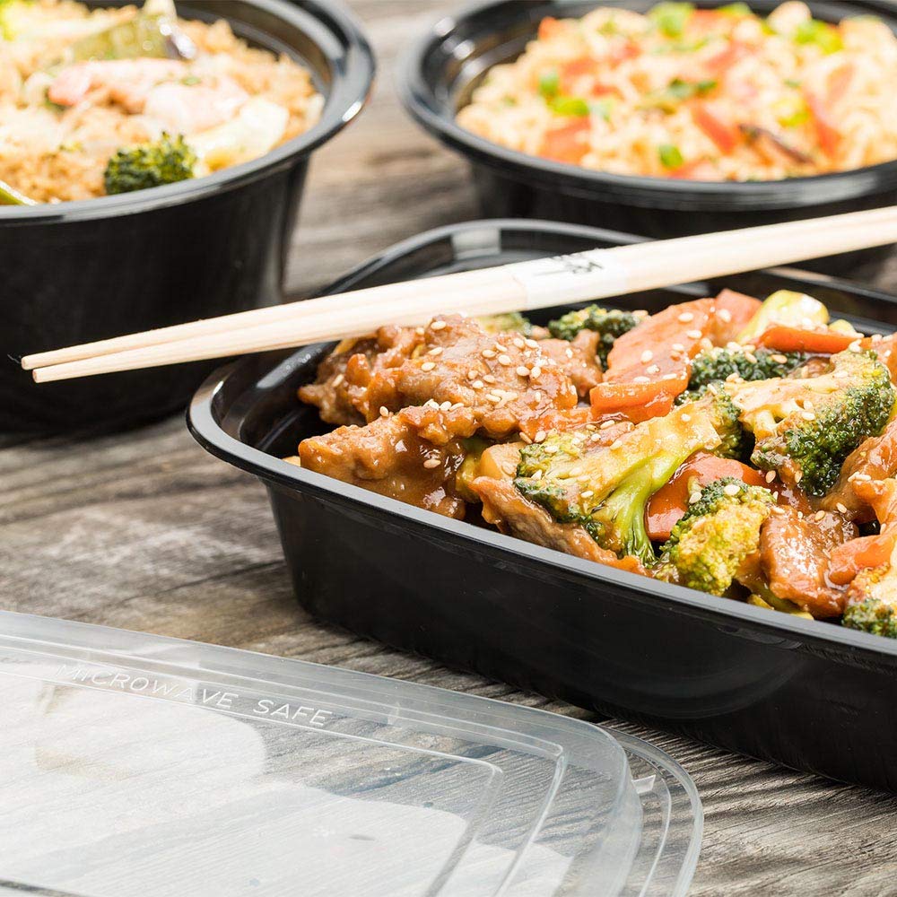 38oz Disposable Black Plastic Takeout Containers with Lids - 100 Pack BPA-Free, Microwave Safe Food Storage Containers for Restaurants, Catering, Meal Prep & Food Delivery Services