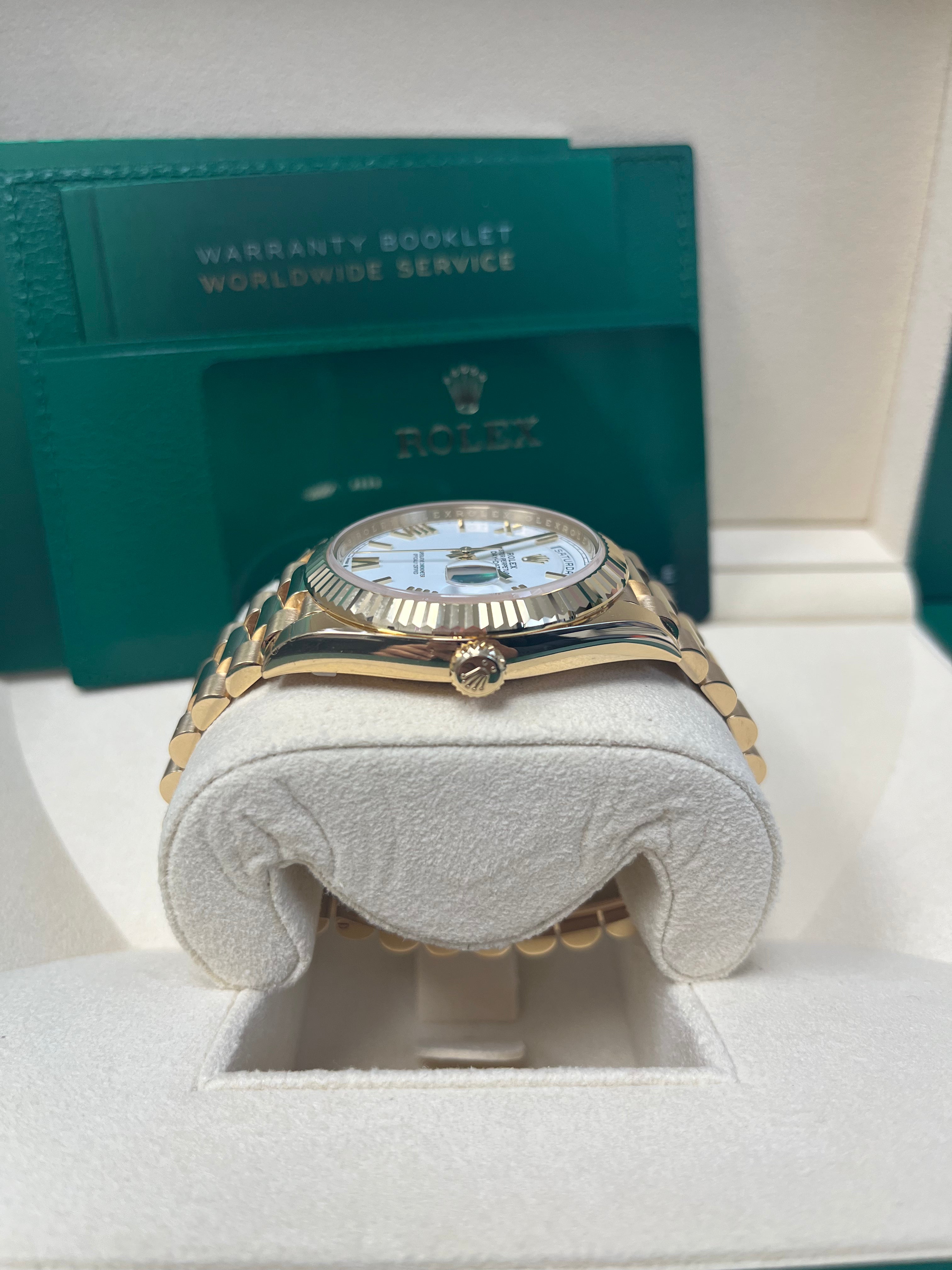 Rolex Day Date 40mm Men's Watch - 18K Yellow Gold, White Roman Dial, Fluted Bezel (Ref# 228238) | Luxury Dress Watch for Business & Formal Occasions