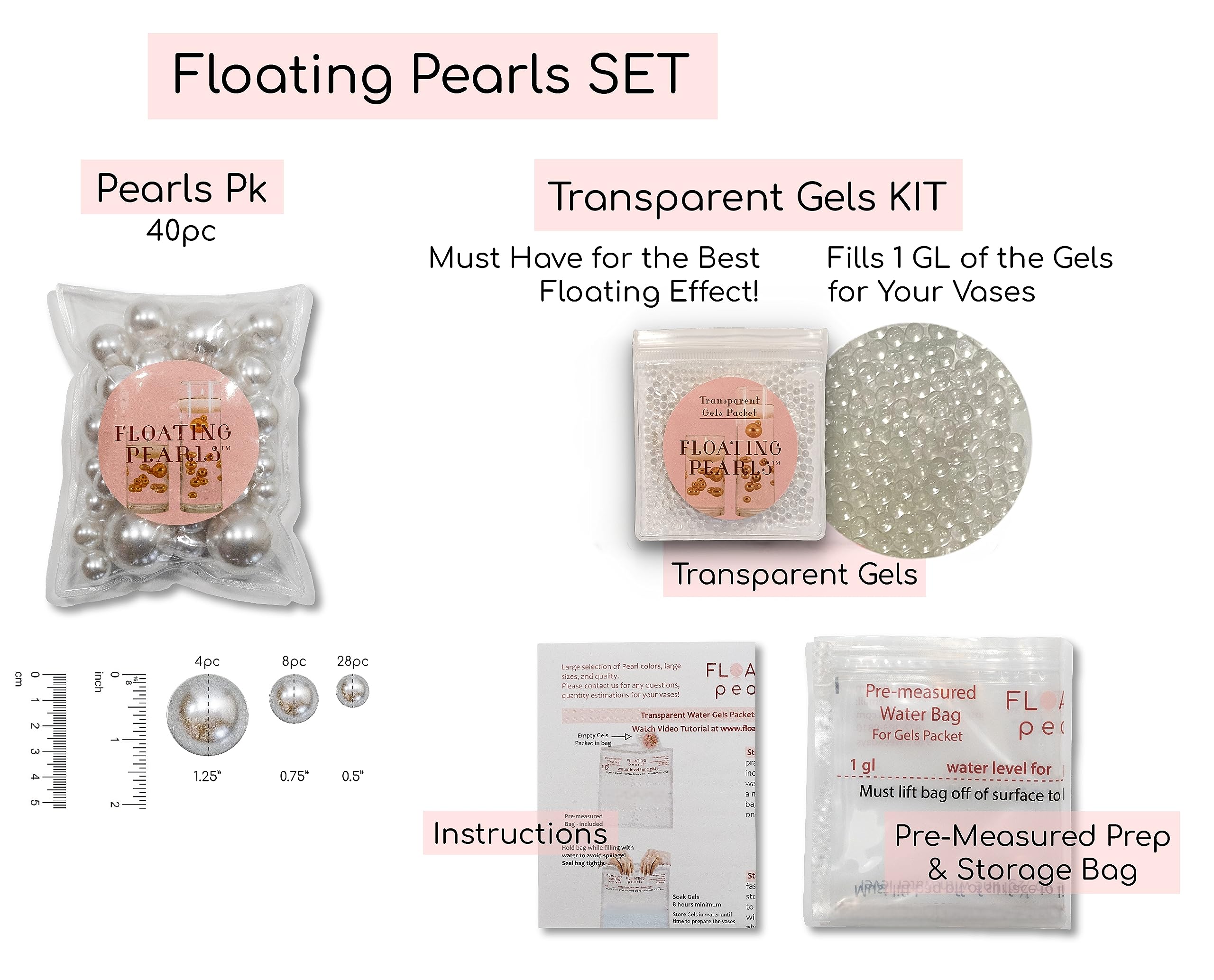 750 Floating Light Pink Pearl Beads for Vases - Fills 10 Gallons Water for Elegant Floating Effect - Includes Pre-Measured Floating Gel Packets & White Submersible LED Fairy Lights - Perfect for Weddings, Spa Decor, Bath Relaxation & Home Centerpieces