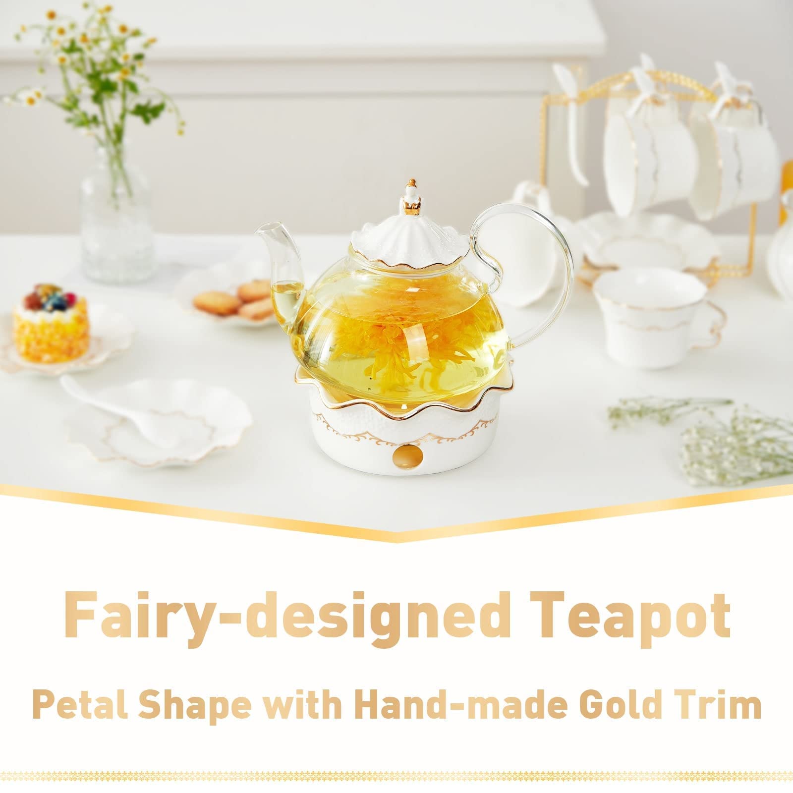 Premium 6-Piece Porcelain Tea Set with Teapot, 8.5oz Cups & Saucers - British Royal Style Floral Relief Design with Tea Warmer - Perfect for Afternoon Tea Parties, Bridal Showers & Elegant Home Decor (White)