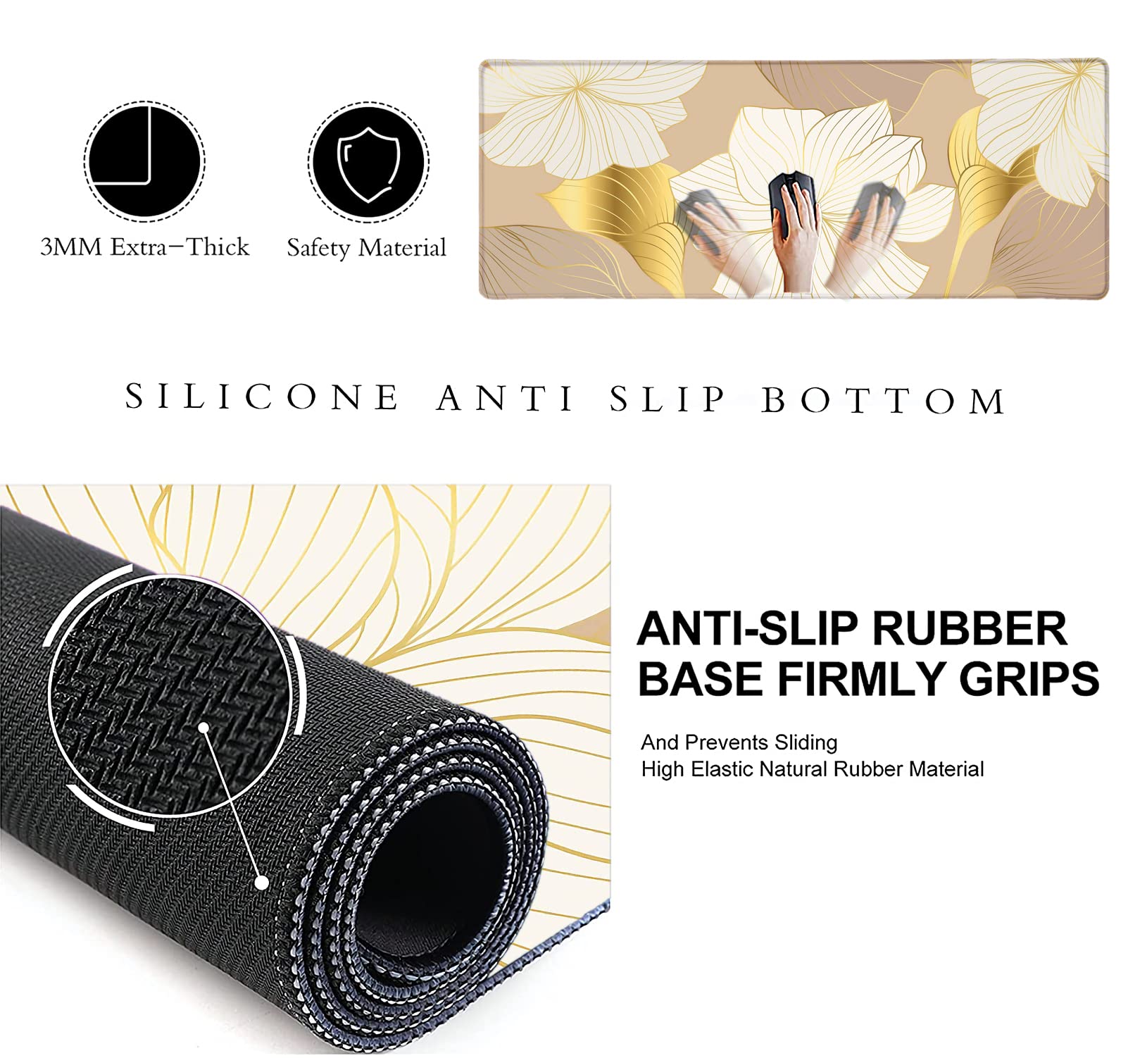 Premium Large Mouse Pad with Gold Floral Line Art - Luxury Lotus Design Desk Mat for Keyboard & Mouse - Perfect for Office, Gaming & Home Workspace Decor