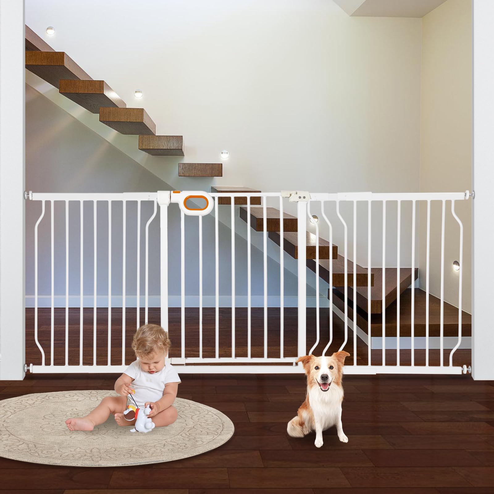 **Owlie Extra Wide Adjustable Baby Gate with Door (66-75 Inch) – Pressure Mount Safety Gate for Stairs, Doorways & Hallways – White, 30.5