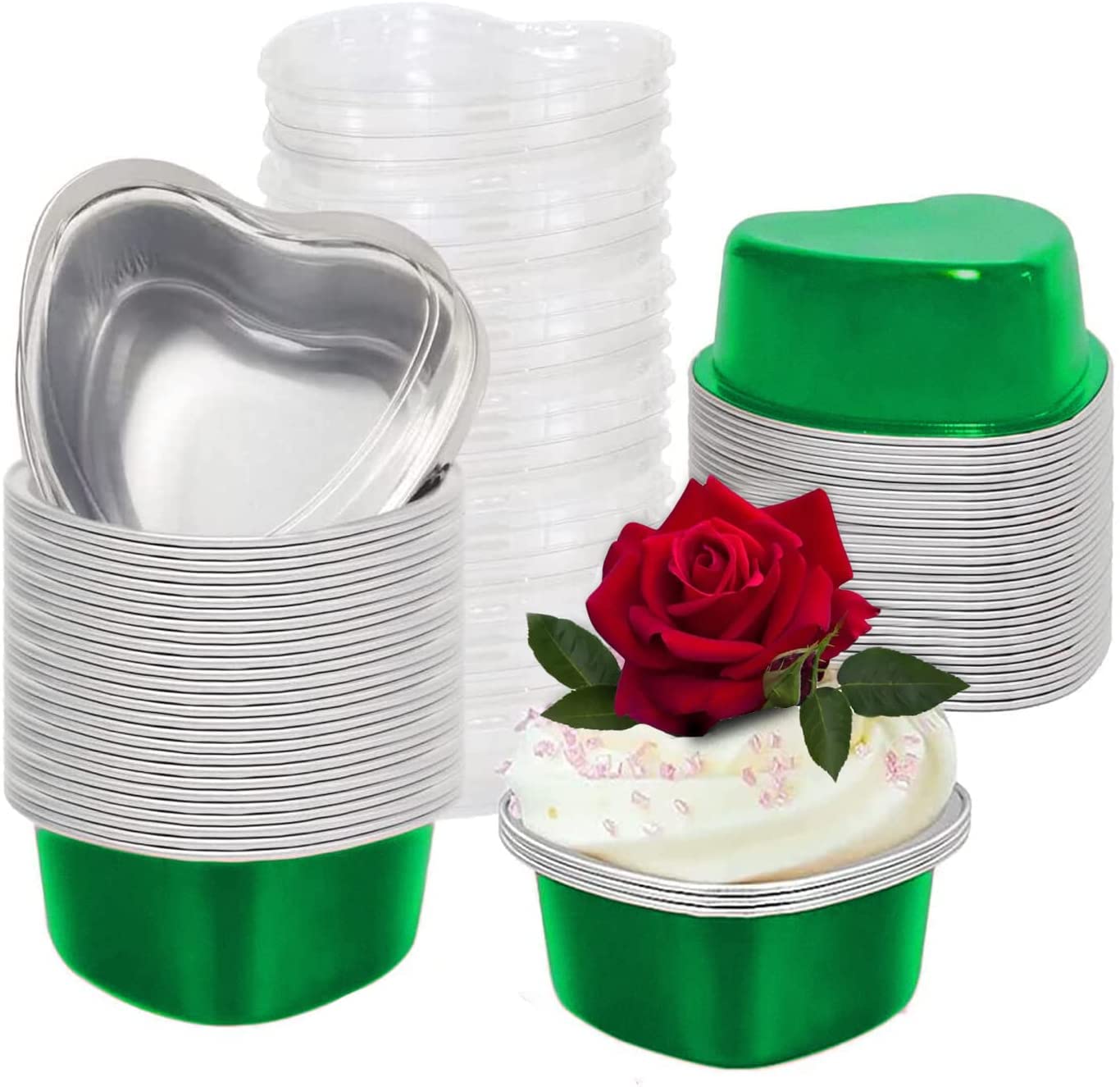 50-Pack Disposable Heart Shaped Foil Baking Pans with Lids - Mini Cake Pans for Cupcakes, Flan & Desserts | Perfect for Valentine's Day, Weddings, Mother's Day, Easter & Birthday Parties (Green) | Ideal for Home Baking, Party Favors & Holiday Celebrations