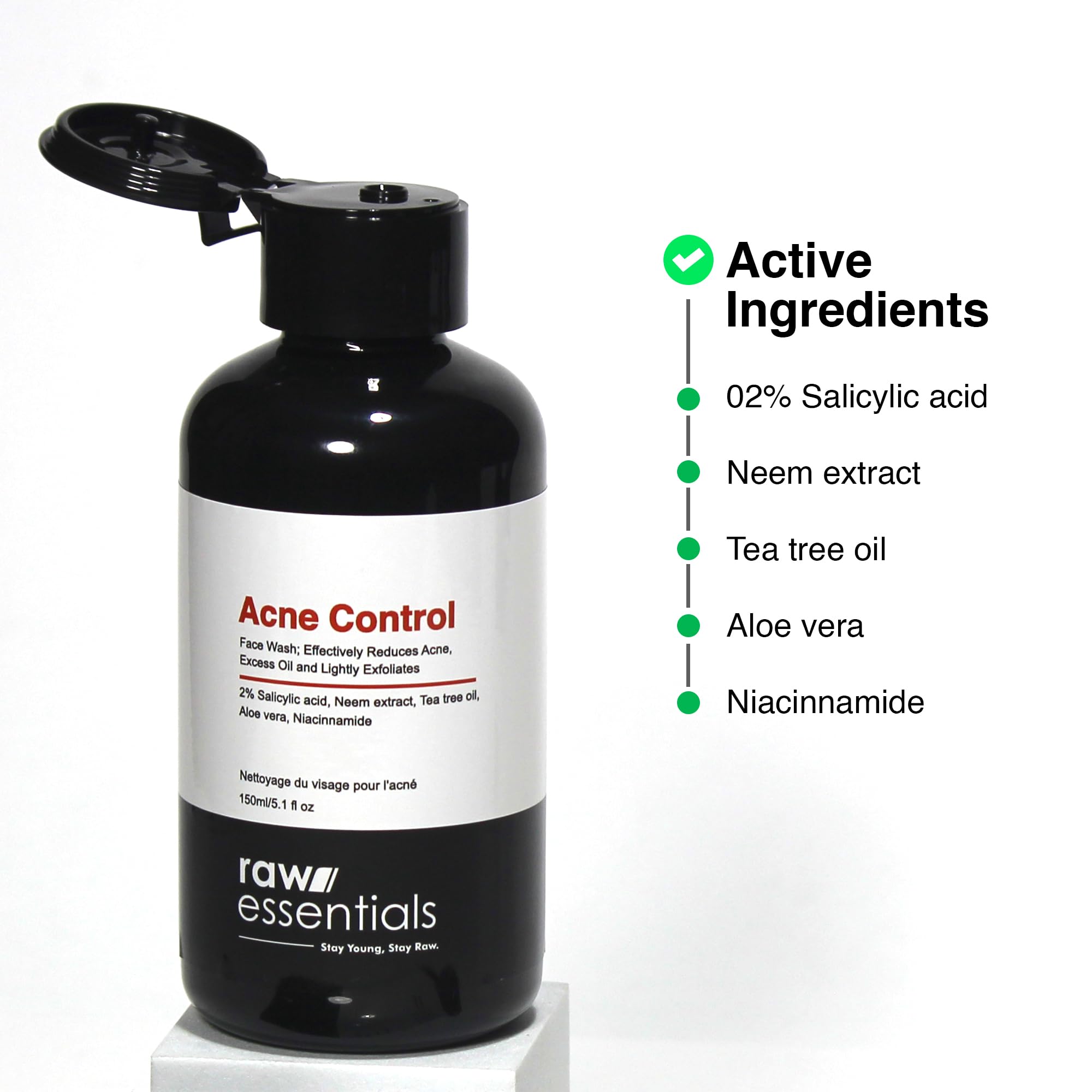 Raw Essentials Acne Control Face Wash with 2% Salicylic Acid, Niacinamide & Natural Extracts - Tea Tree Oil, Neem Leaf & Aloe Vera for Oily & Acne-Prone Skin | 150ml Sulfate-Free, Paraben-Free Cleanser for Men & Women | Daily Deep Cleansing for Clear, Healthy Skin