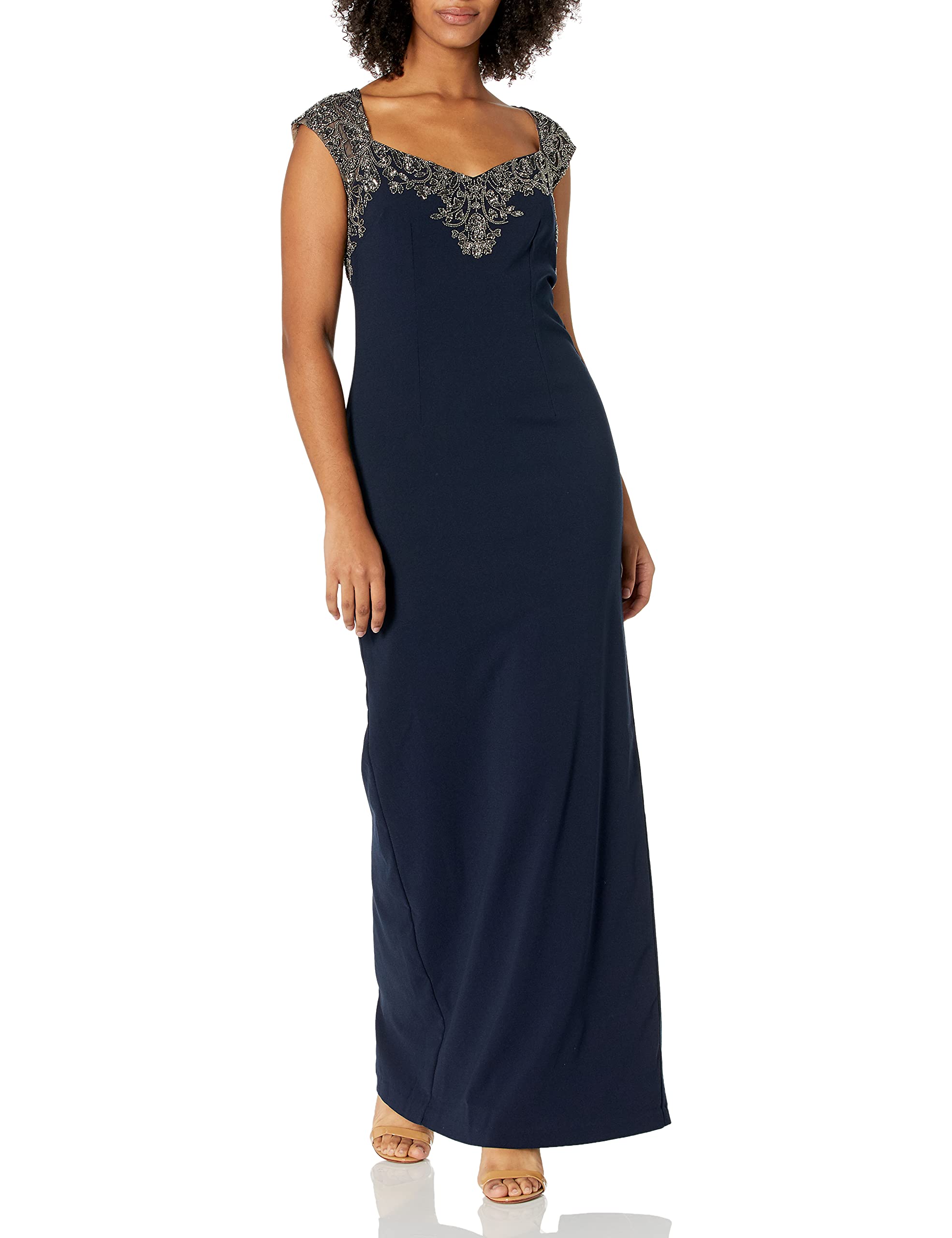 Adrianna Papell Women's Petite Beaded Long Sleeve Evening Gown - Stretch Jersey Formal Dress for Weddings, Galas & Special Occasions
