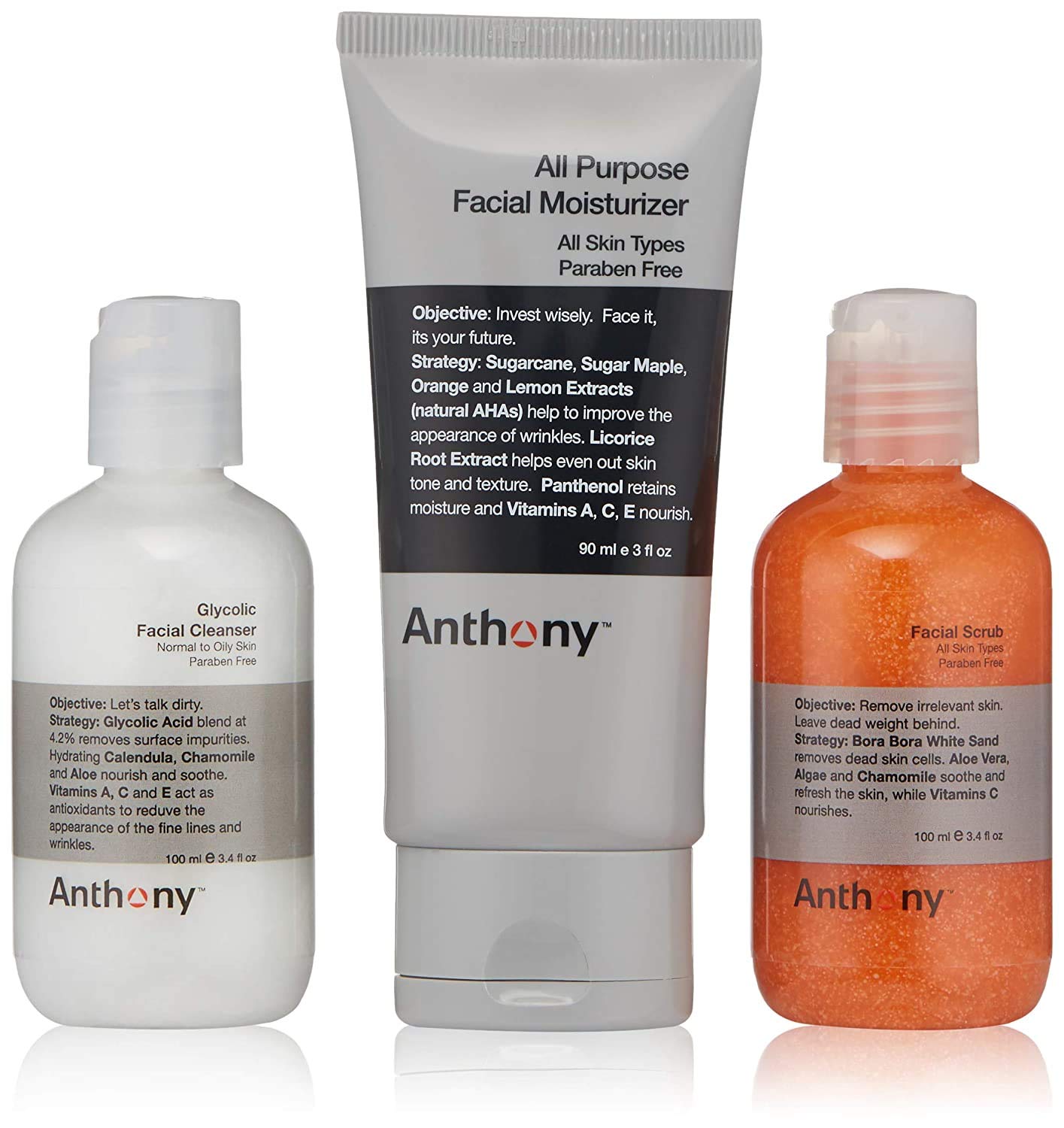 Anthony Face It & Go Kit - Glycolic Facial Cleanser, All Purpose Moisturizer & Exfoliating Scrub (3-Piece Skincare Set) | Daily Face Wash, Hydration & Gentle Exfoliation for Men & Women | Perfect for Travel, Gym & On-The-Go Skincare Routine