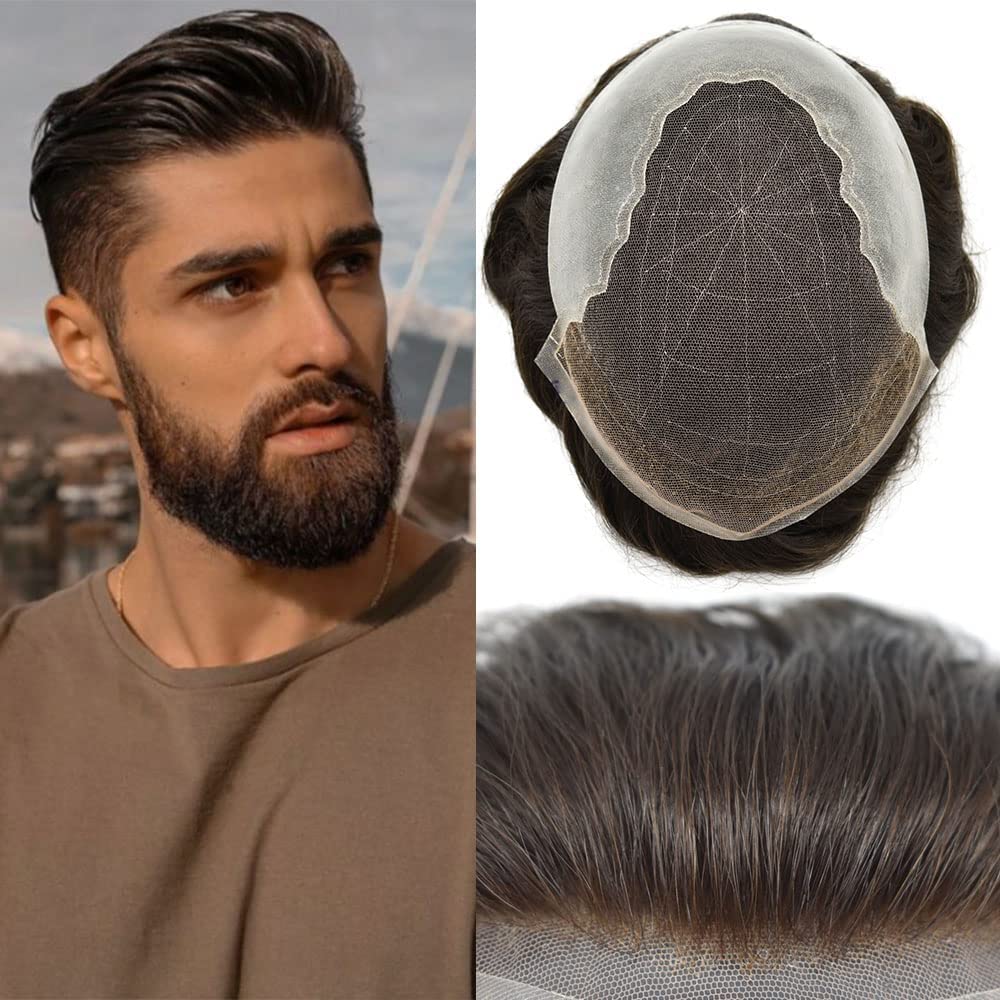 100% European Real Human Hair Swiss Lace Front Toupee for Men - Darkest Brown with 20% Gray - 110% Density 7x9 Inches - Natural Looking Hair Replacement System for Thinning Hair & Baldness - Perfect for Daily Wear, Special Occasions & Confidence Boost