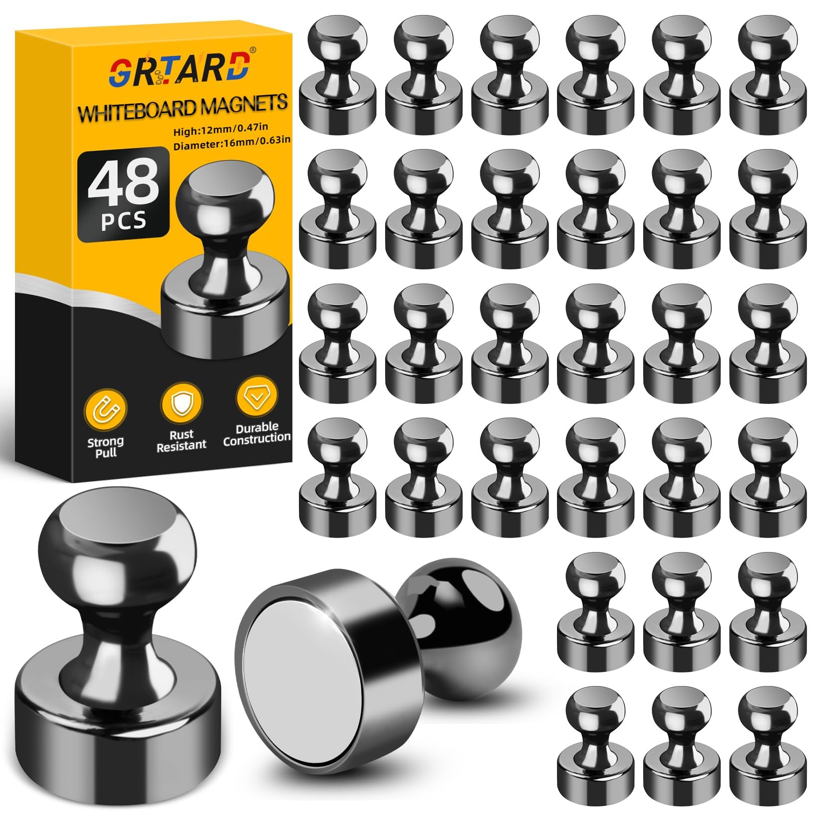 Grtard 48 Pack Black Magnetic Push Pins - Strong Refrigerator & Whiteboard Magnets for Office, School, Locker & Map - Perfect for Organizing Notes, Photos, and Documents on Metal Surfaces