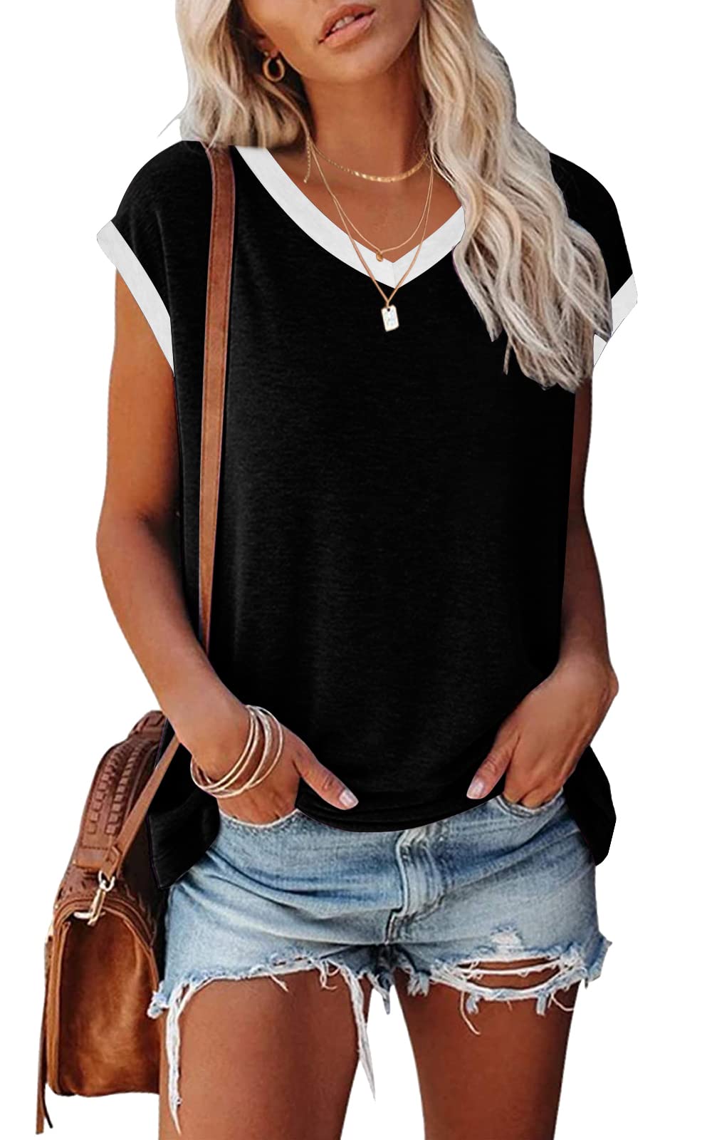 LUKYCILD Women's Cap Sleeve V-Neck Tank Top - Color Block Casual Blouse for Summer | Loose Fit Capped Tee Shirt for Everyday Wear, Work & Outings