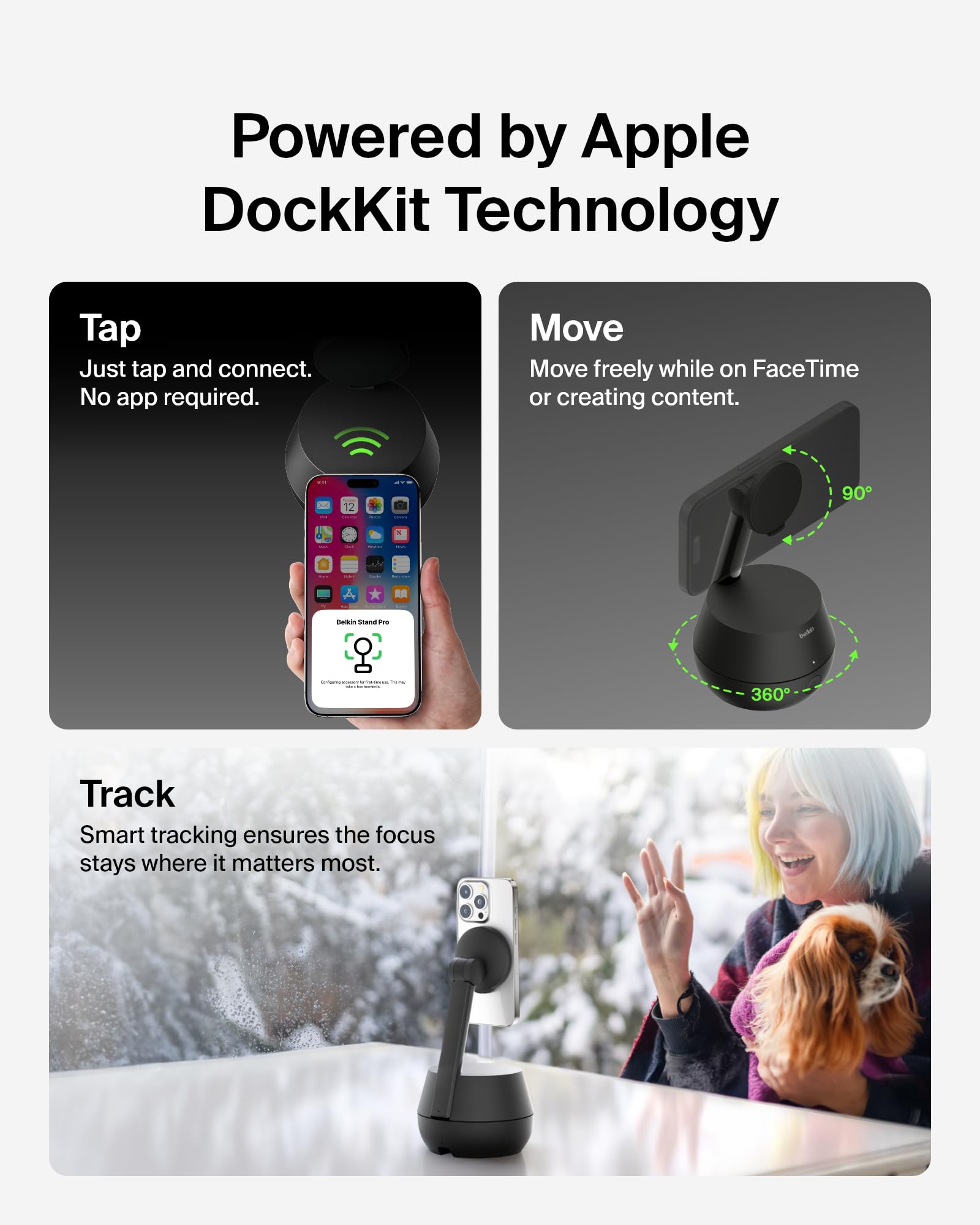 Belkin Wireless Charger Stand with Auto Face Tracking - Apple DockKit Certified, Tripod & MagSafe Compatible, 360° Rotation for iPhone - Perfect for FaceTime, TikTok, YouTube & Social Media Content Creation