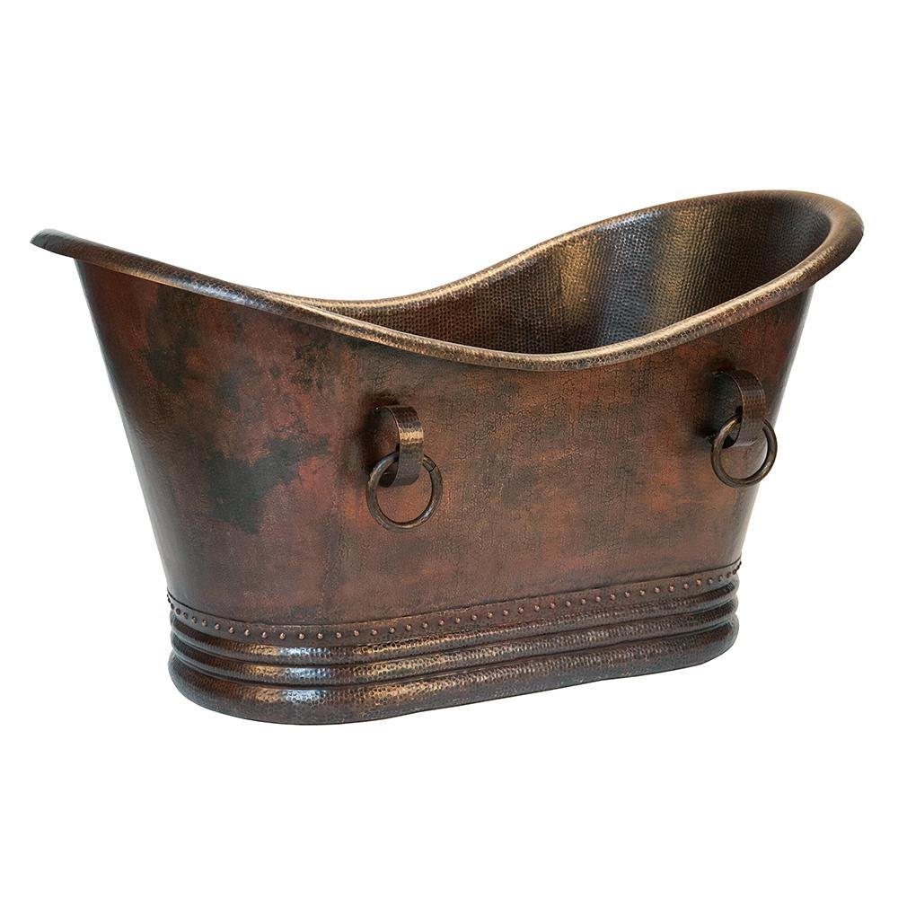 Premier 60-Inch Hammered Copper Double Slipper Bathtub with Rings - Freestanding Soaking Tub for Luxury Bathroom & Spa Relaxation (BTDR60DB)