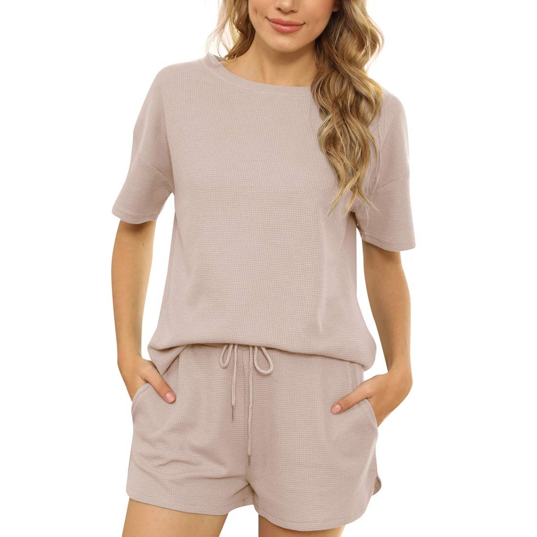 Women's Waffle Knit Pajama Set - Short Sleeve Top & Shorts with Pockets | Soft Sleepwear, Loungewear & Nightwear for Comfortable Relaxation at Home or Travel