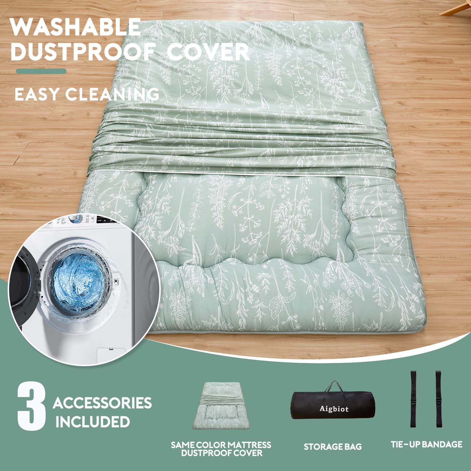 Japanese Futon Floor Mattress - Foldable Tatami Mattress with Washable Cover for Adults & Kids, Twin/Full/Queen Size (Sage Green) | Perfect for Guest Rooms, Small Spaces & Minimalist Living