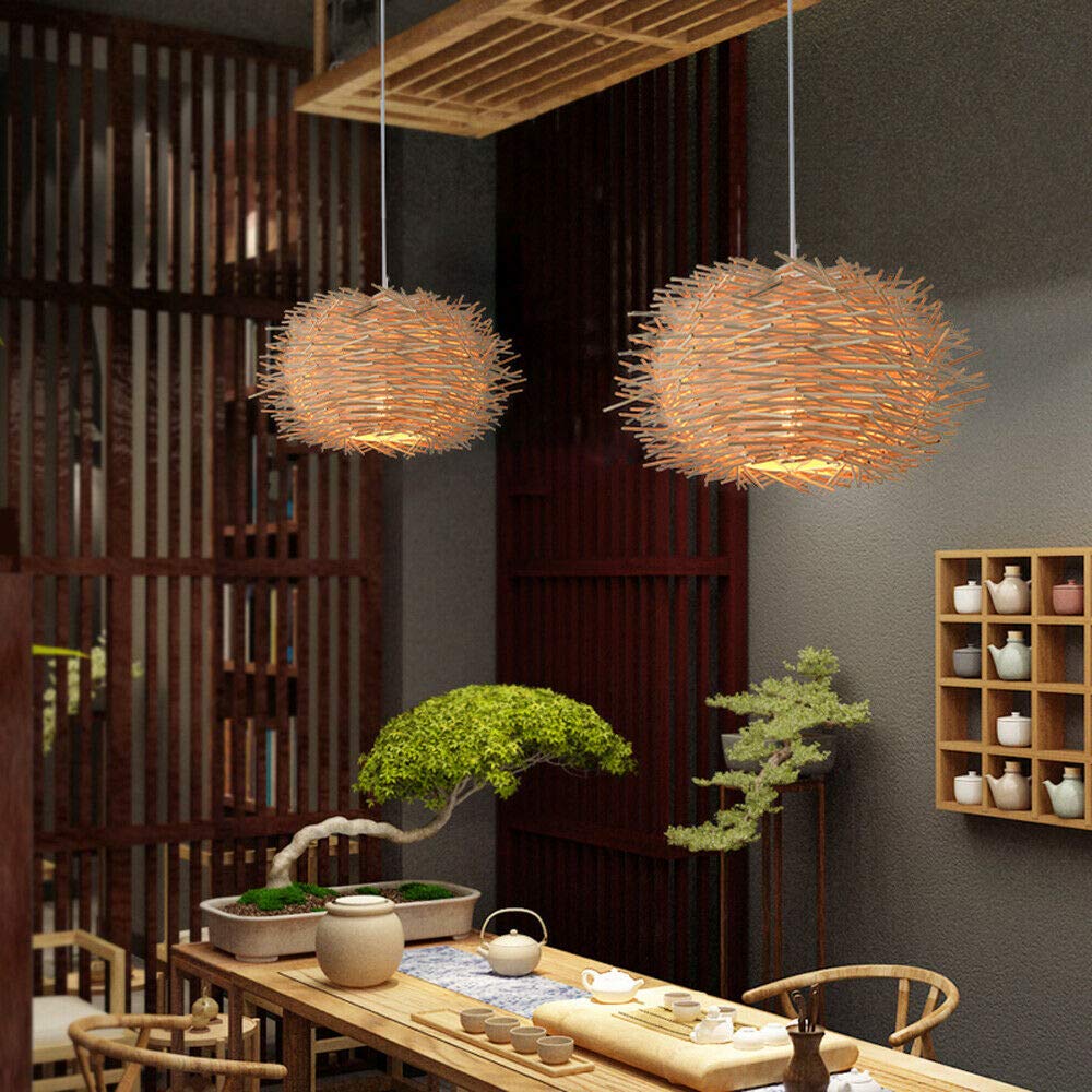 Rattan Pendant Light - Natural Bamboo Shade Wooden Hanging Ceiling Lamp with Bird Nest Design | Chandelier Lighting for Kitchen Island, Dining Room, Bar, Coffee Shop & Hallway | No Bulb Included (30cm Diameter) | Perfect for Boho, Farmhouse & Coastal Decor