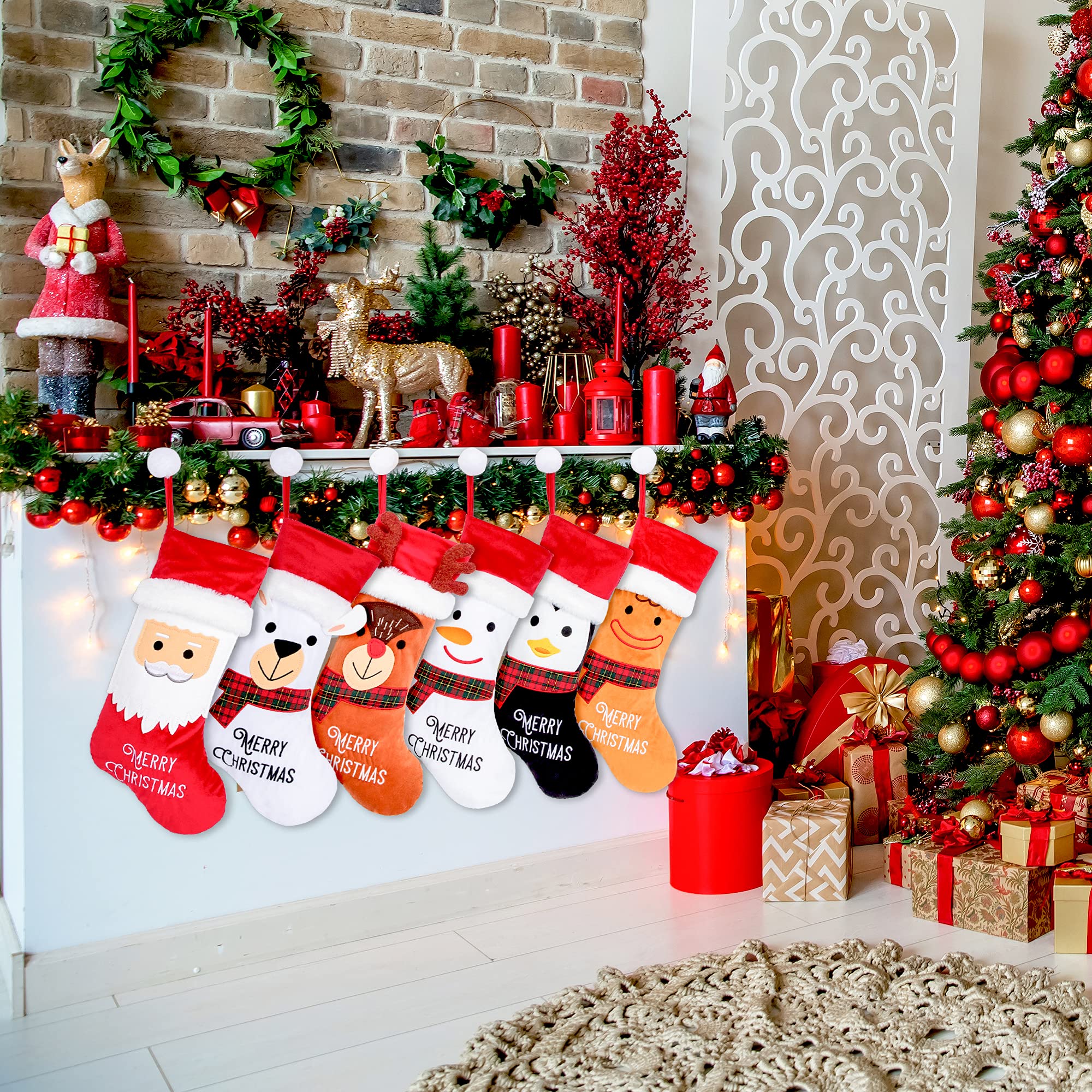 Luxury Velvet Christmas Stockings Set of 6 - 20.5 Inch Large Xmas Stockings for Family Holiday Decor | Classic Hanging Ornaments for Fireplace Mantel, Staircase & Festive Home Decoration