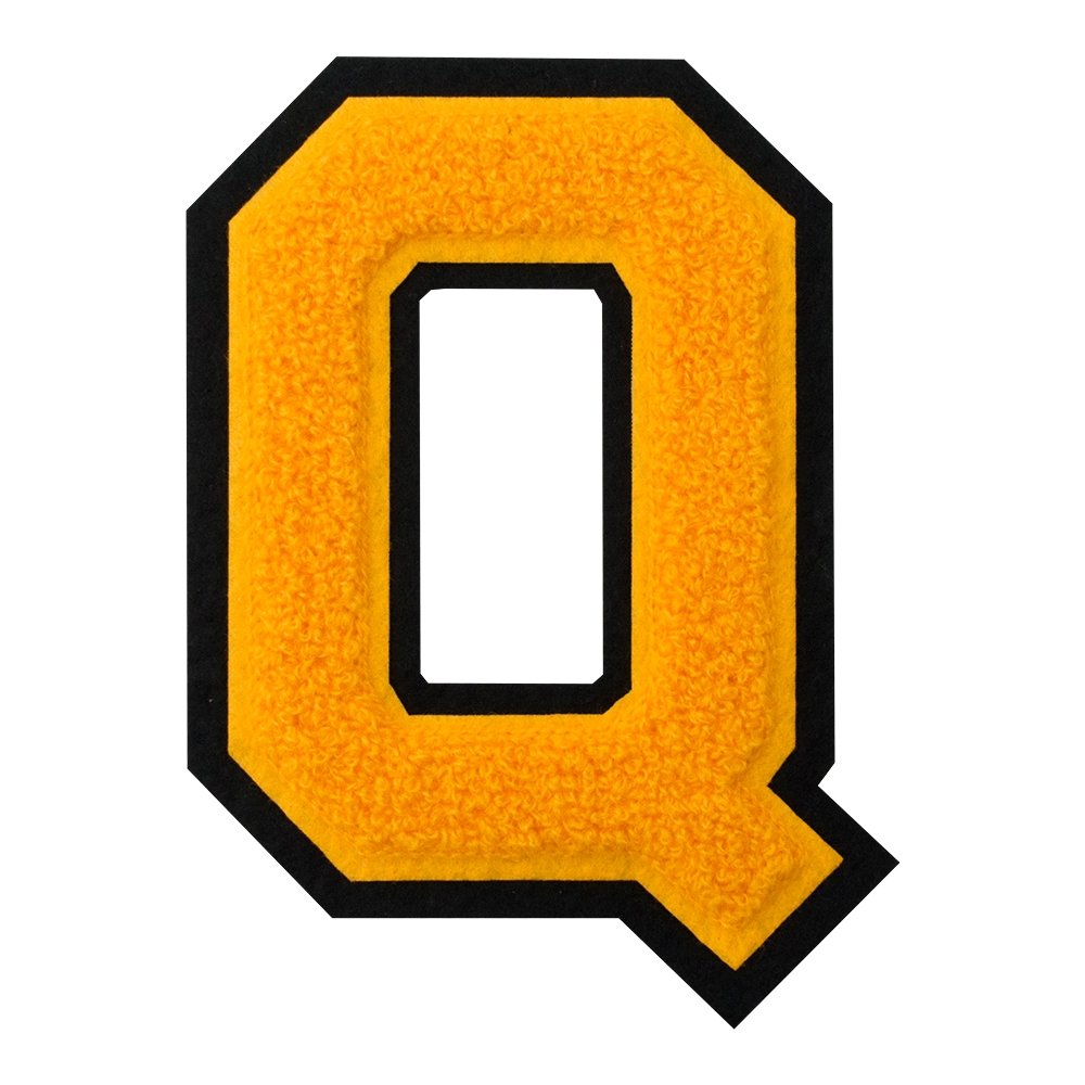 Q - Gold on Black - 4.5 Inch Heat Seal & Sew On Chenille Varsity Letter Patch for Jackets, Hats, Bags - Customizable Iron-On Embroidered Badge for DIY Crafts, School Spirit, Sports Teams