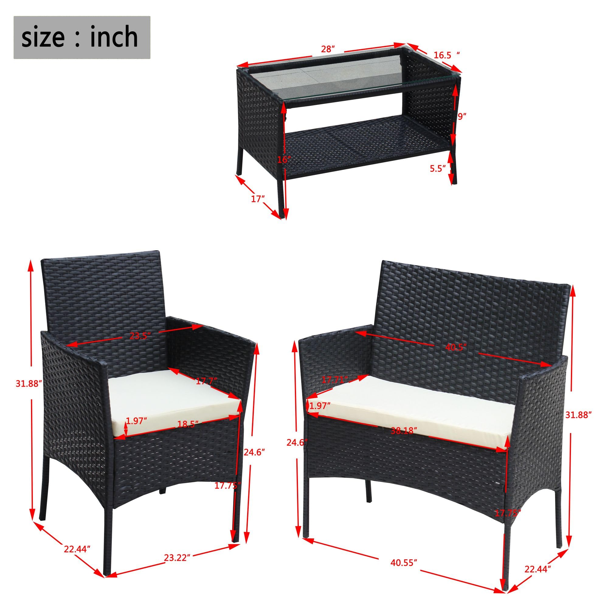 Rhomtree 4-Piece Outdoor Rattan Furniture Set - Patio Wicker Sofa Conversation Set with Coffee Table - Water-Resistant Beige Cushions - Perfect for Backyard, Porch, Garden, Poolside & Balcony - Indoor/Outdoor Use for Relaxation & Entertaining