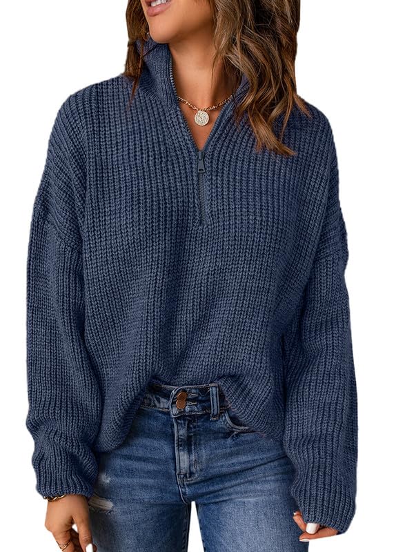 EVALESS Women's Waffle Knit Quarter Zip Pullover Sweater - Long Sleeve Business Casual Top for Office, Work & Fall Outfits