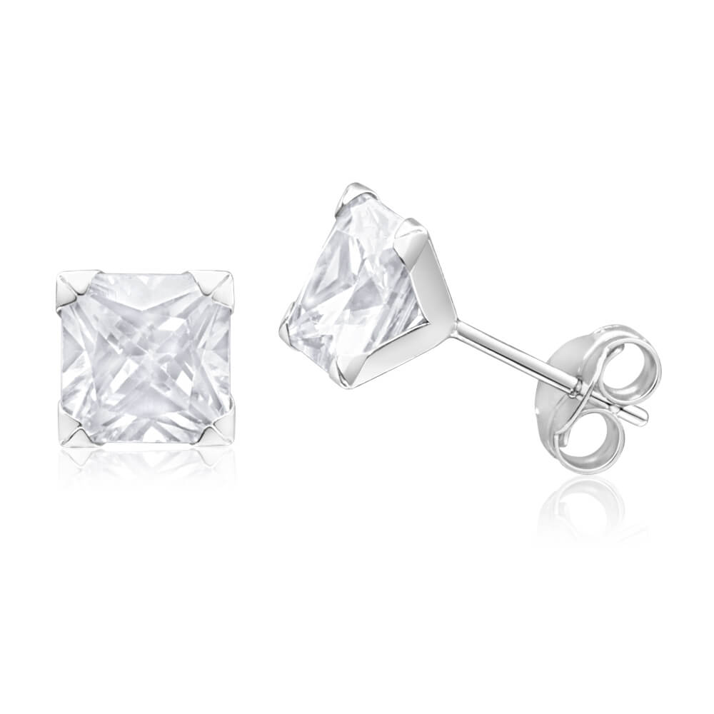 9ct White Gold Princess Cut 6mm Cubic Zirconia Stud Earrings for Women - Elegant Everyday Jewelry & Special Occasion Gift