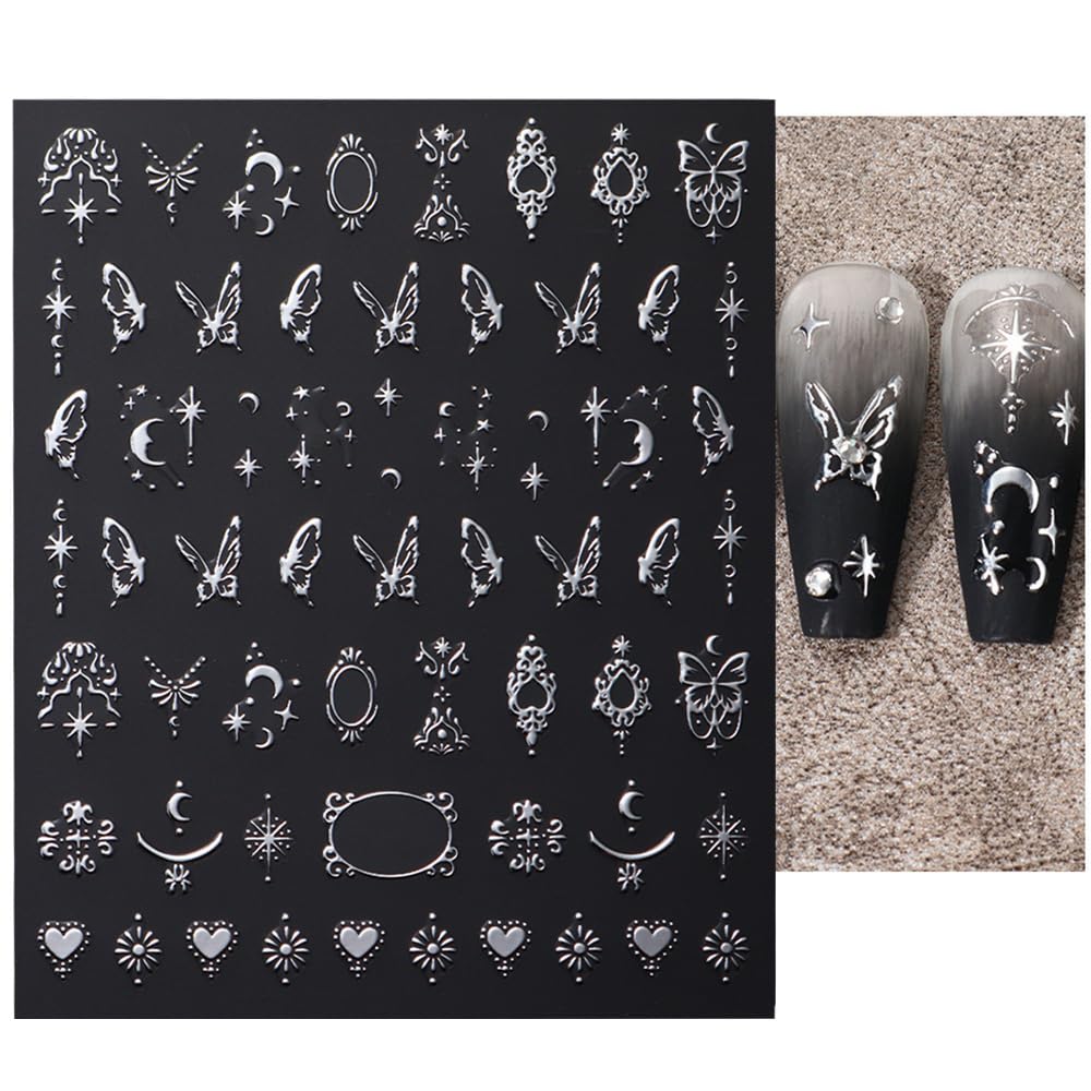 3D Silver Nail Stickers - Elegant Star, Moon, Sun & Butterfly Designs for DIY Nail Art | Perfect for Party, Wedding, Prom & Special Occasion Nail Decor