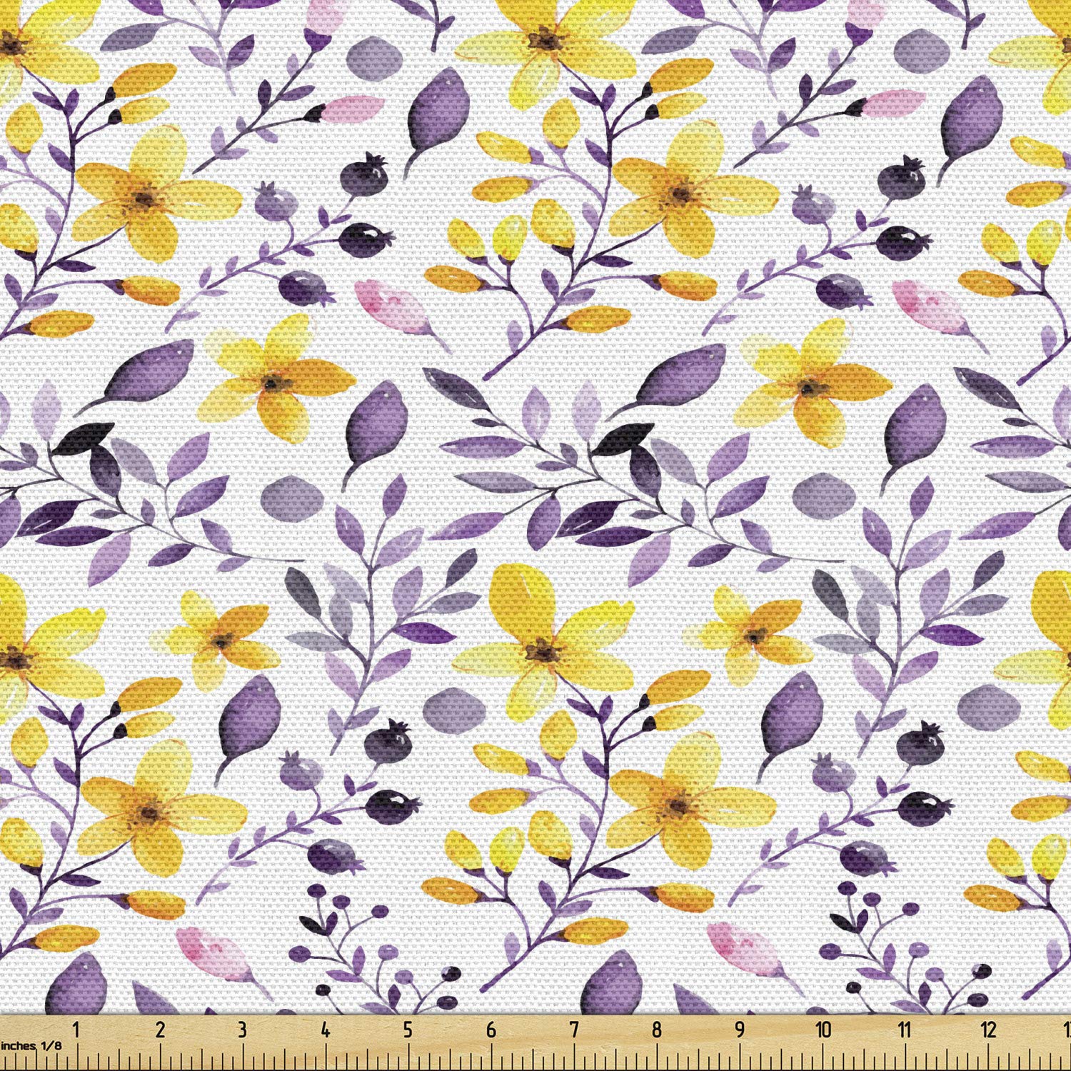 Ambesonne Floral Fabric - Purple Leaves Yellow Flowers - 5 Yards for Upholstery & Home Decor - Summer Decorating Fabric