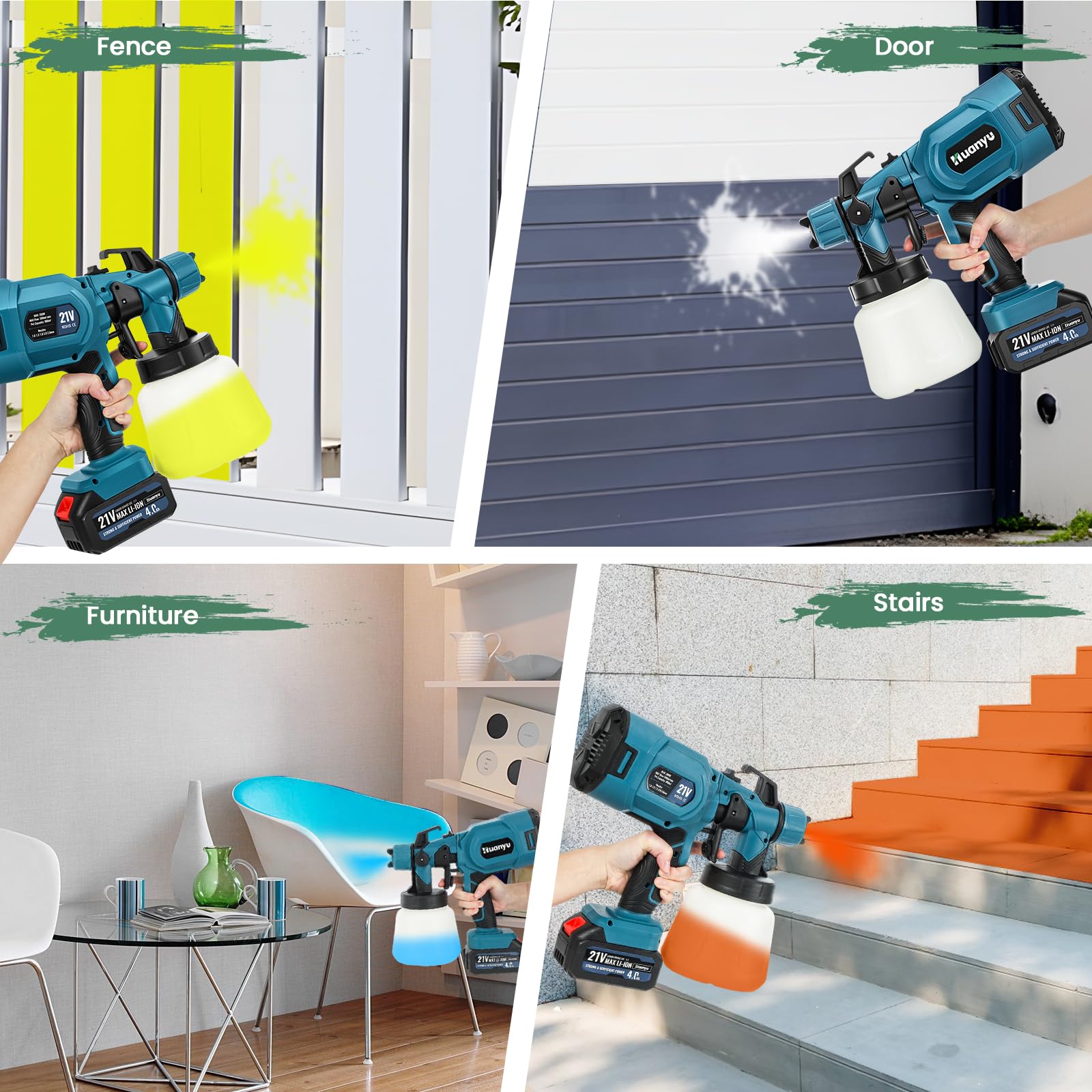 **Huanyu 21V Cordless Paint Sprayer with 2 Batteries (4.0Ah) - 900ml High Pressure Electric Spray Gun, 5 Nozzles & 3 Spray Patterns for Home Furniture, Walls, Fences & DIY Projects (Blue)**