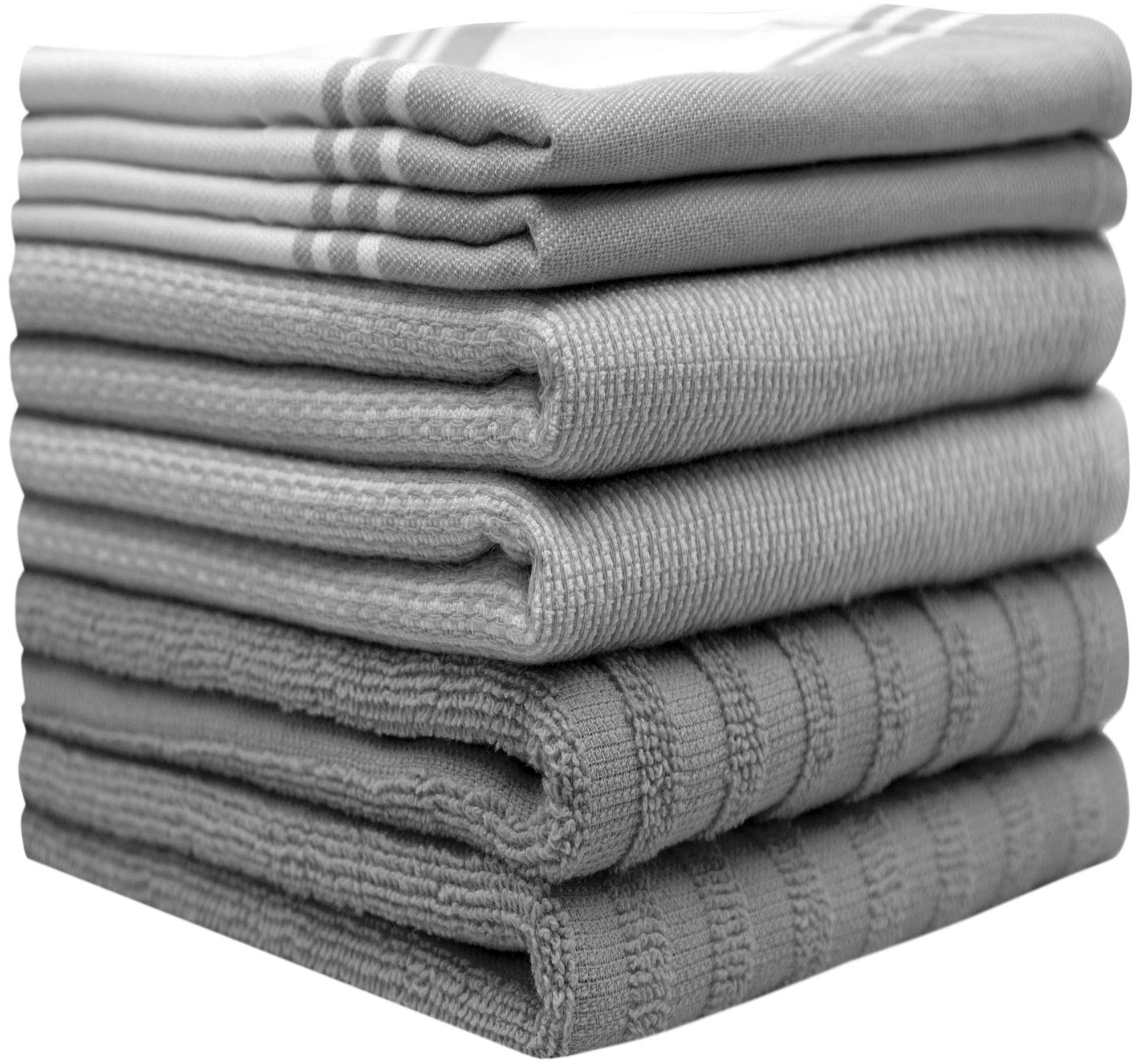 Premium Cotton Kitchen Towels Set (6 Pack, 20”x28”) - Super Absorbent Large Hand & Tea Towels with Hanging Loop | Flat & Terry Weave | Grey Wide Stripe | Perfect for Cooking, Baking, Dish Drying & Kitchen Decor