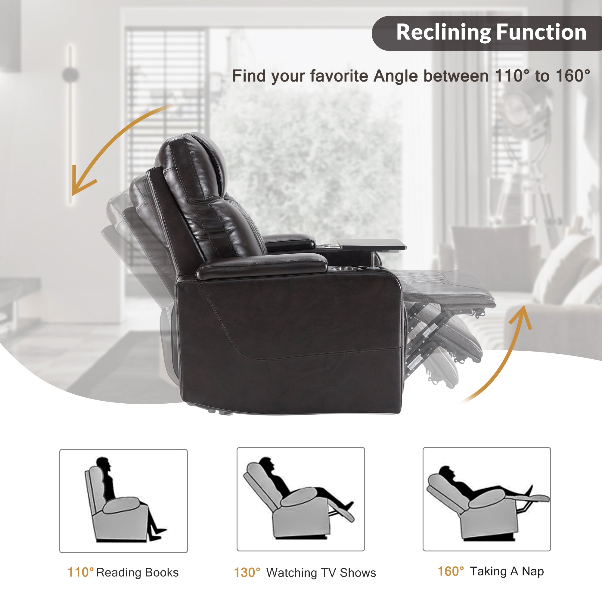Power Motion Recliner Chair with USB Charging Port, Hidden Arm Storage, 2 Cup Holders & 360° Swivel Tray Table - Black - Perfect for Living Room, Home Theater & Office Relaxation