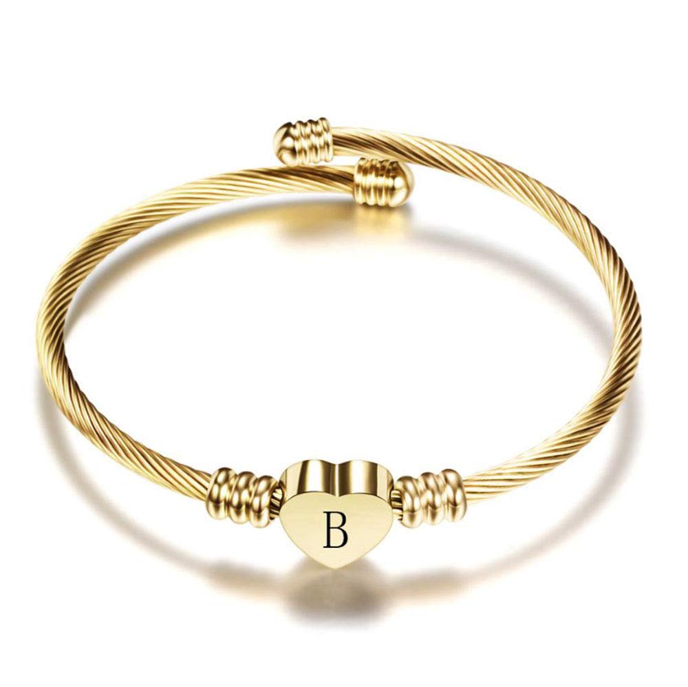 Mini Jewelry Love Heart Gold Letter A-Z Initial Cuff Bracelets for Women & Girls - Personalized Name Alphabet Pendant Stainless Steel Bracelet - Perfect for Gifts, Birthdays & Everyday Fashion