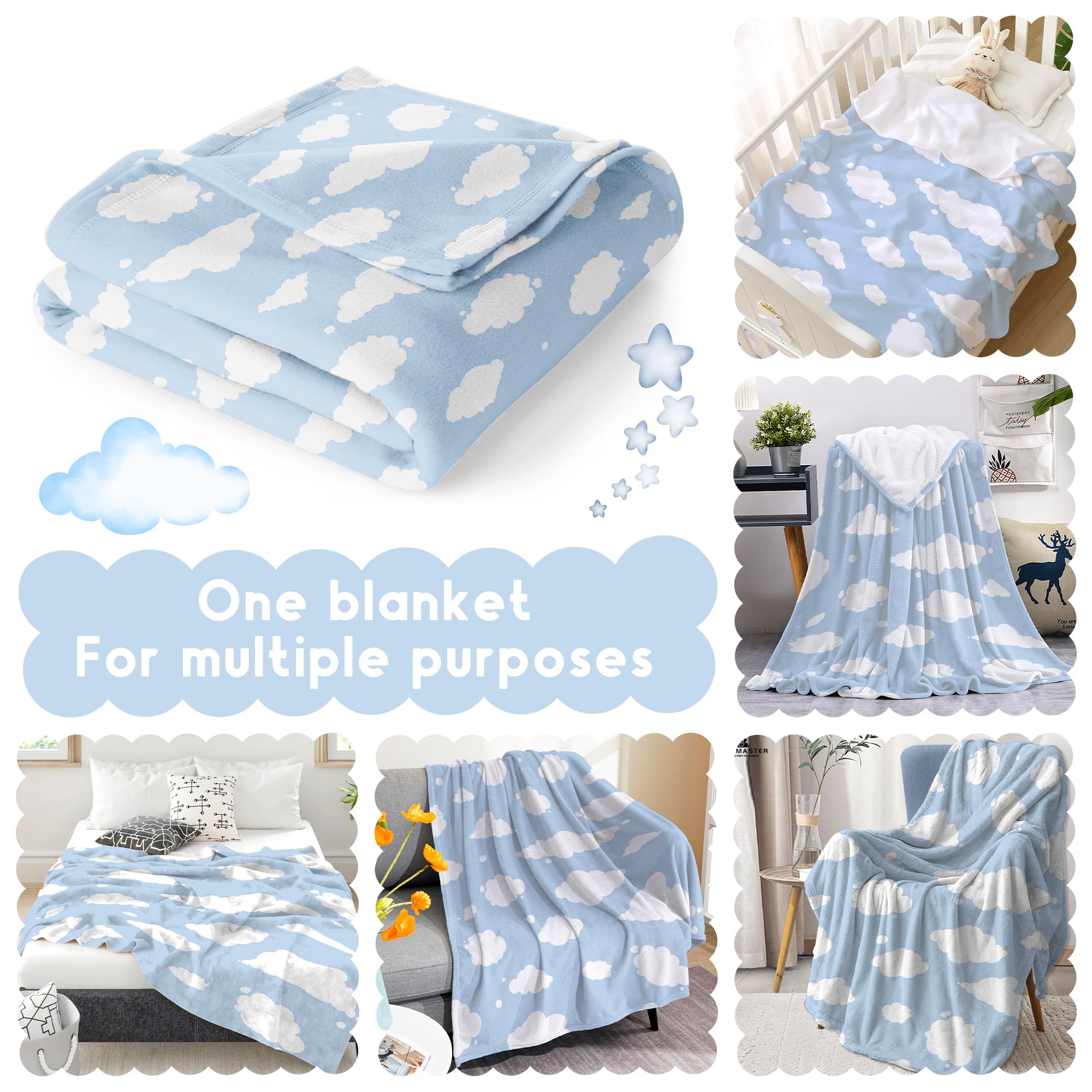 Soft Cloud Print Fleece Blanket - Blue & White Cozy Throw for Kids & Adults - Lightweight & Cute Blanket for Sofa, Chair, Bed - 120