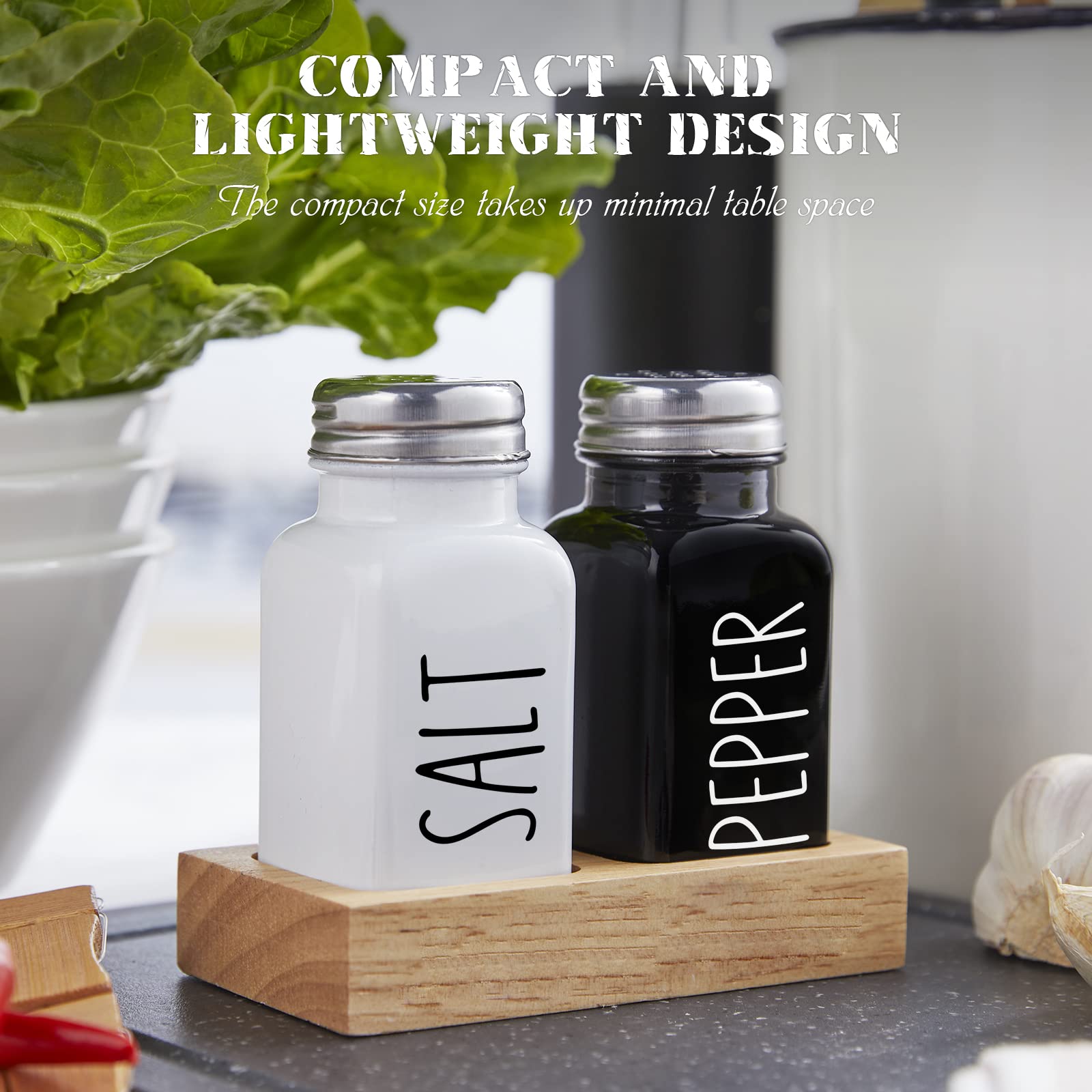 Premium Glass Salt and Pepper Shakers Set with Wooden Holder - 2.7 oz Black & White Kitchen Decor for Countertop or Dining Table - Ideal Wedding Gift & Housewarming Present - Perfect for Everyday Use, Dinner Parties, and Home Decor