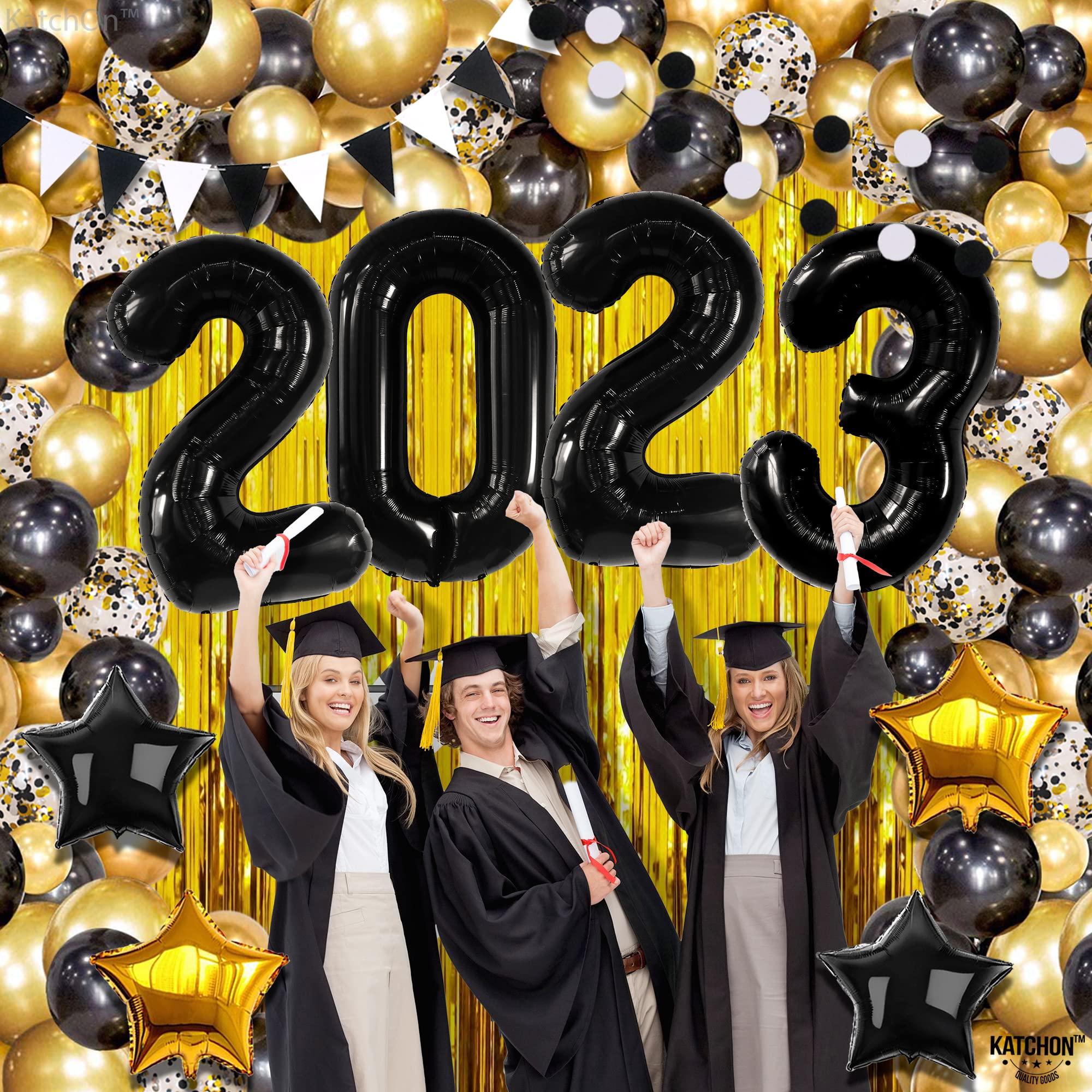 KatchOn 2023 Graduation Balloon Arch Kit - 90-Piece Black & Gold Graduation Decorations Set for Class of 2023 | Includes Backdrop & Party Supplies | Perfect for Graduation Ceremonies, Photo Booths & Grad Parties
