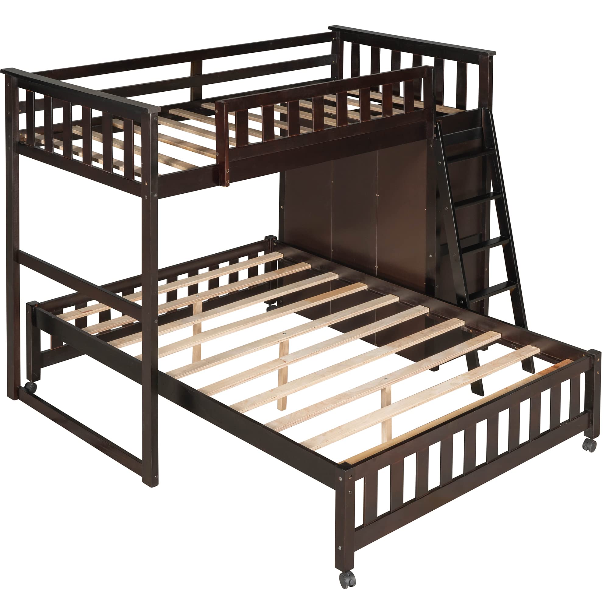 Wooden Bunk Bed for Kids Teens & Adults - Twin Over Full Size with 6 Drawers, Adjustable Shelves & Rolling Wheels - No Box Spring Required - Espresso Finish - Perfect for Small Bedrooms, Guest Rooms & Vacation Homes