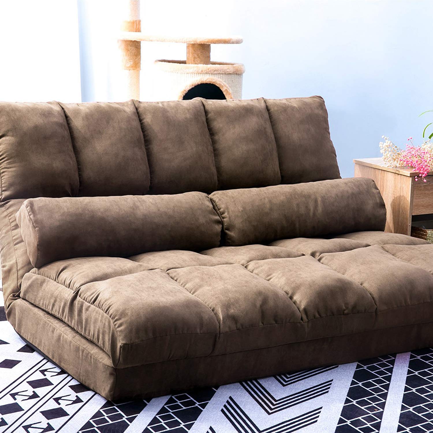 YSKWA Double Chaise Lounge Sofa Chair - Modern Floor Couch with 2 Pillows for Living Room, Bedroom, or Patio - Comfortable Brown Fabric Sectional Sofa for Relaxing, Reading, and Lounging