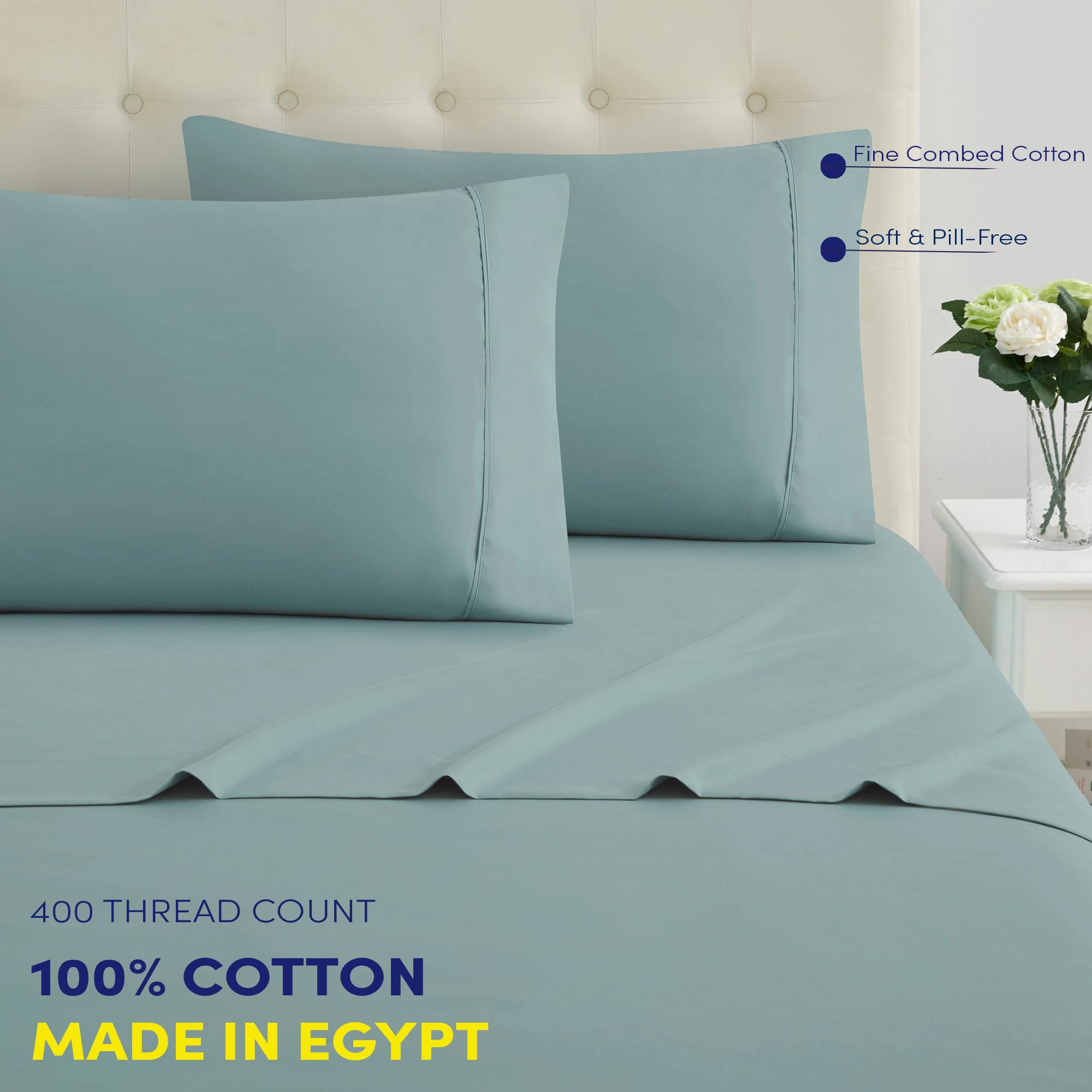 Premium 100% Egyptian Cotton Full Size Bed Sheet Set - 400 Thread Count, Ultra Soft & Breathable - 4 Piece (Fitted Sheet, Flat Sheet, 2 Pillowcases) - Misty Blue - Perfect for Guest Rooms, Dorms & Cozy Bedrooms