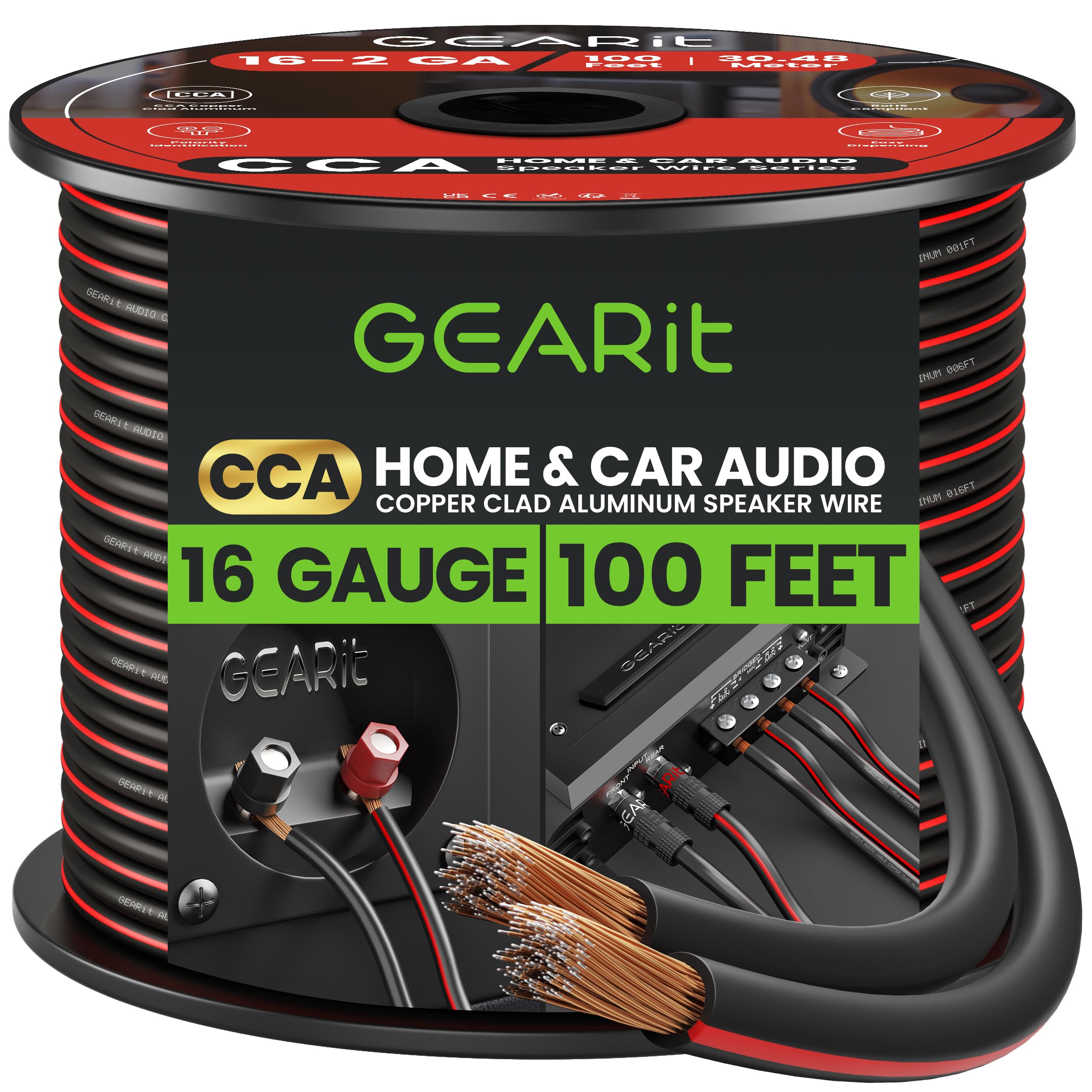 GearIT Pro Series 16 Gauge Speaker Wire - 16/2 AWG 100 Feet (30.48 Meters) Black - Premium Audio Cable for Home Theater, Car Speakers, Surround Sound & Outdoor Audio Systems