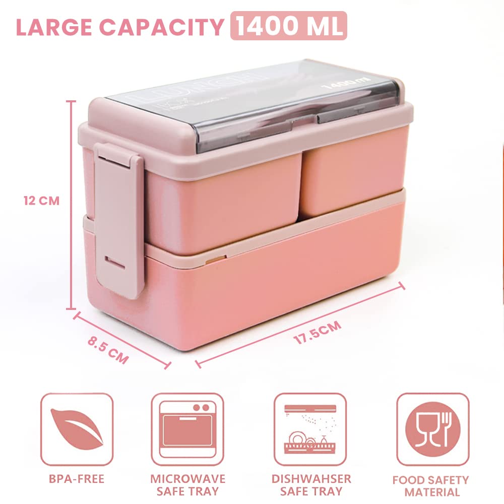 Bugucat 1400ML Stackable Bento Lunch Box - 2 Layer 3 Compartments Leak Proof Food Container with Cutlery Set for Adults & Kids (Pink) | Perfect for School, Office, Picnics & Meal Prep